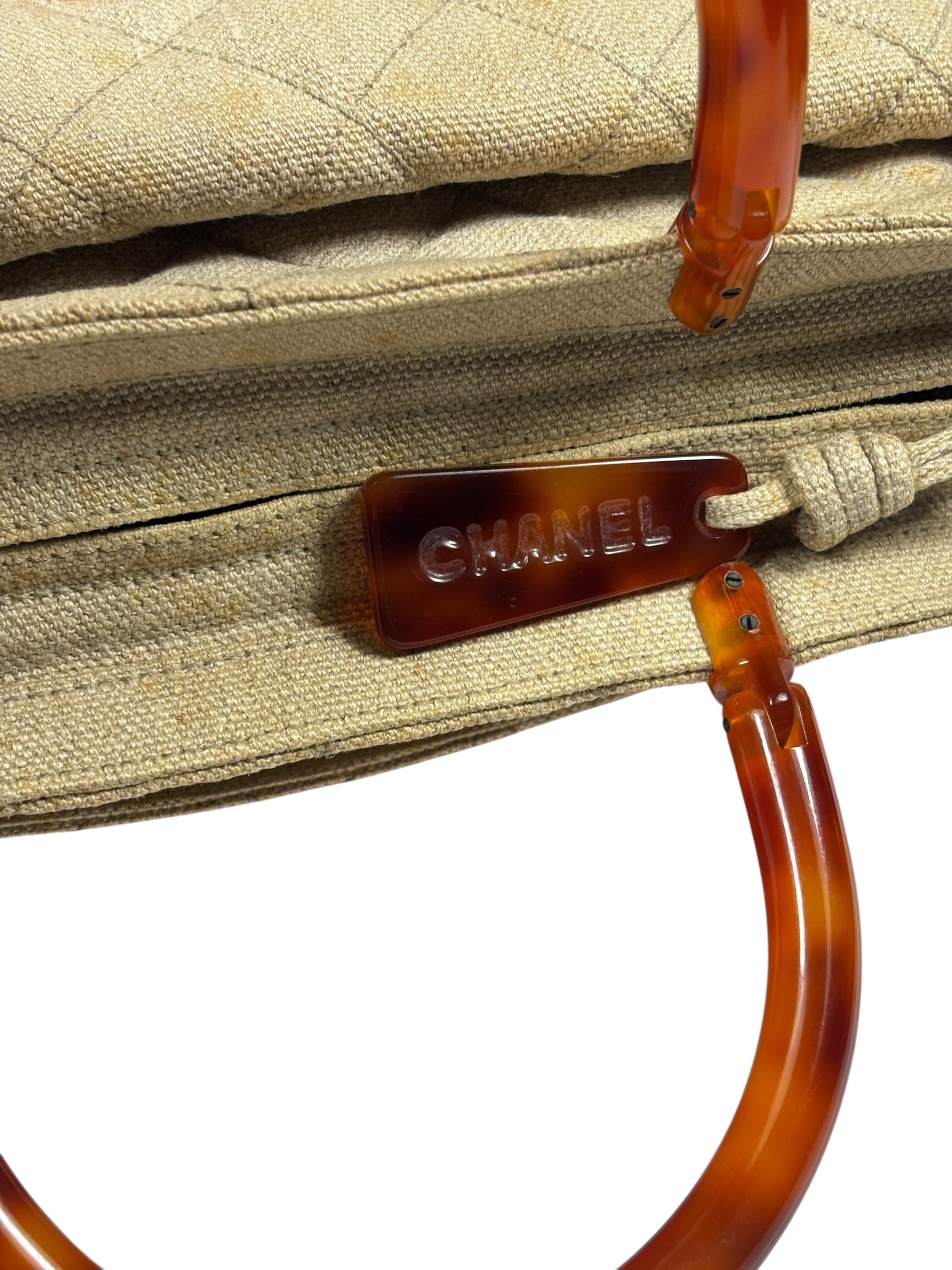Chanel Vintage Beige Quilted Denim  Tortoise Tote 1996