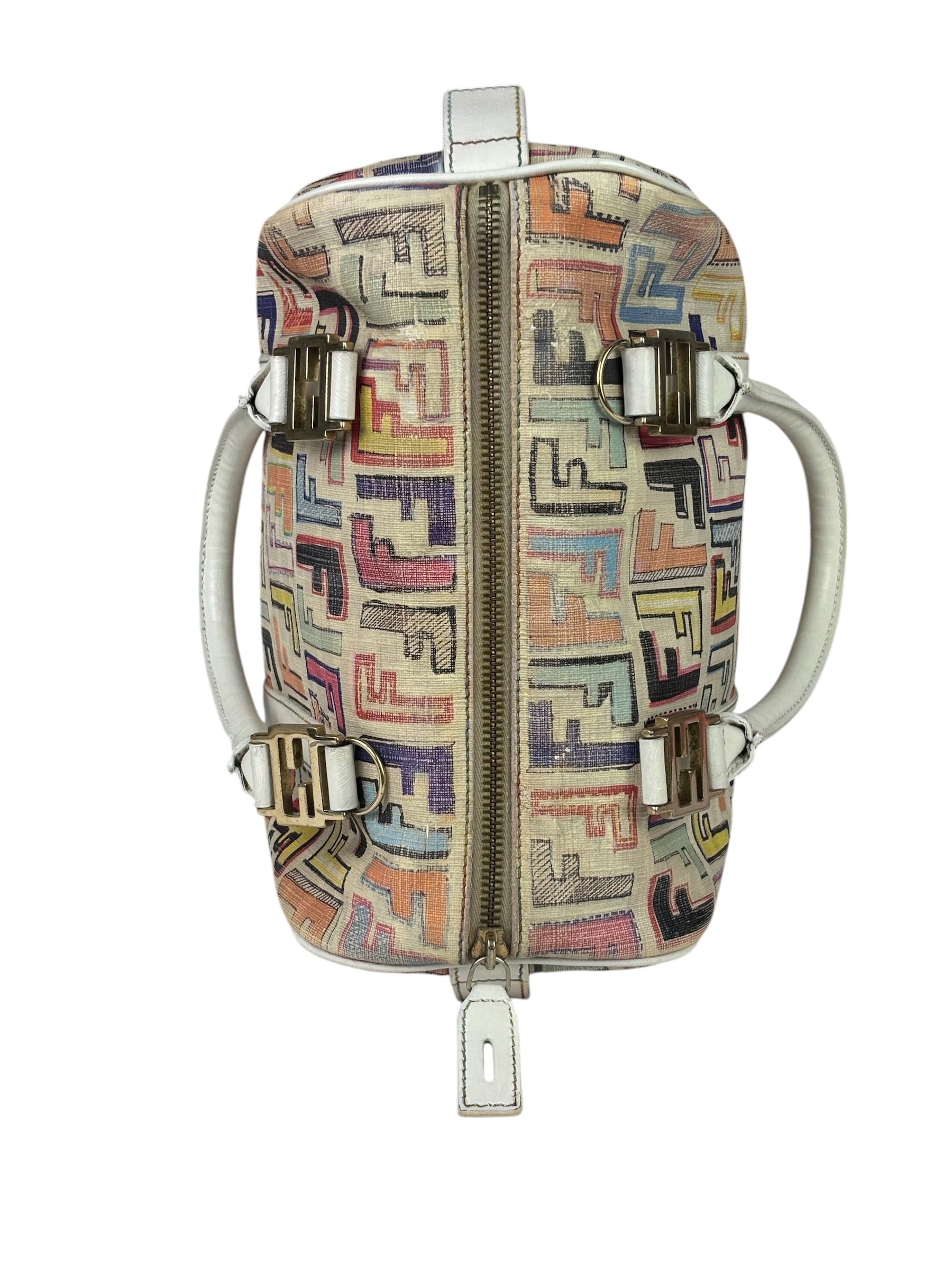 Fendi Beige Leather Multicolor Zucca Forever Boston Bag