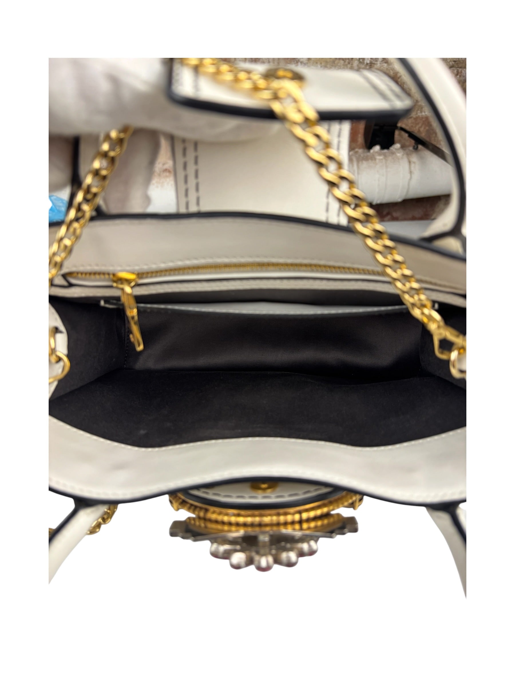 Miu Miu White Madras Ornate Crystal Jeweled Buckle Two-Way Bag