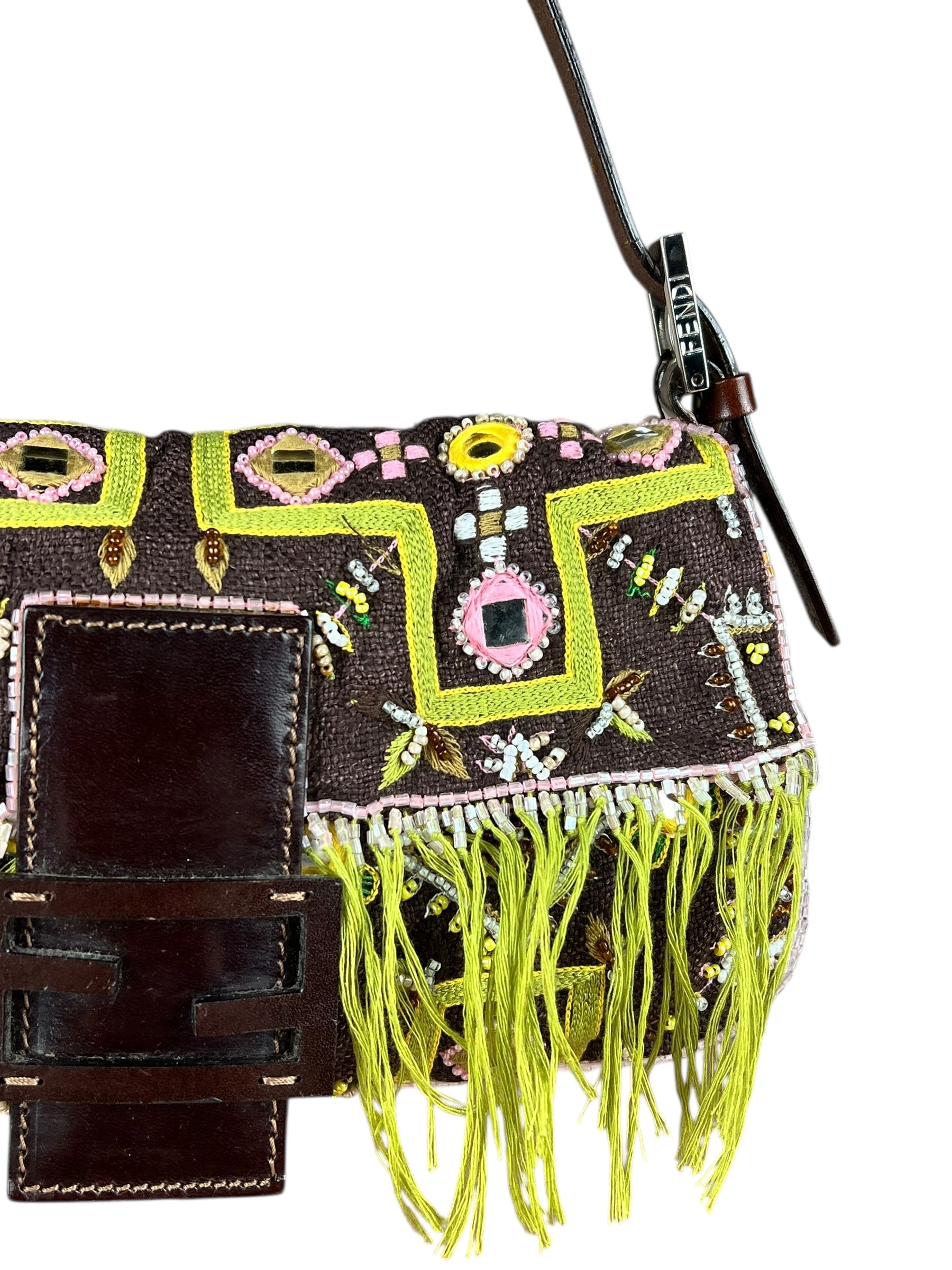 Fendi Canvas Baguette Dark Brown Beaded