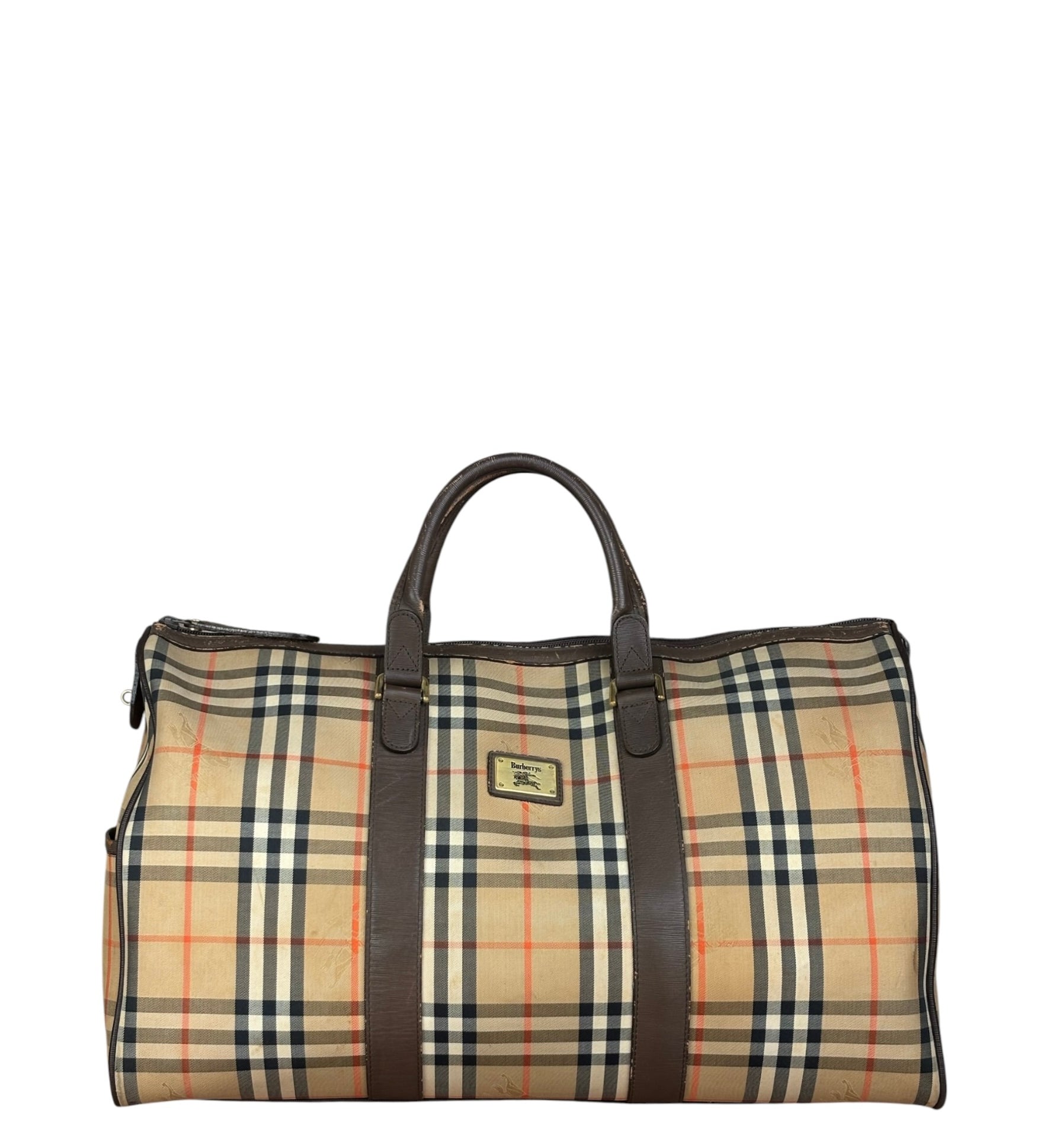 Burberry Leather House Check Boston Duffle Bag