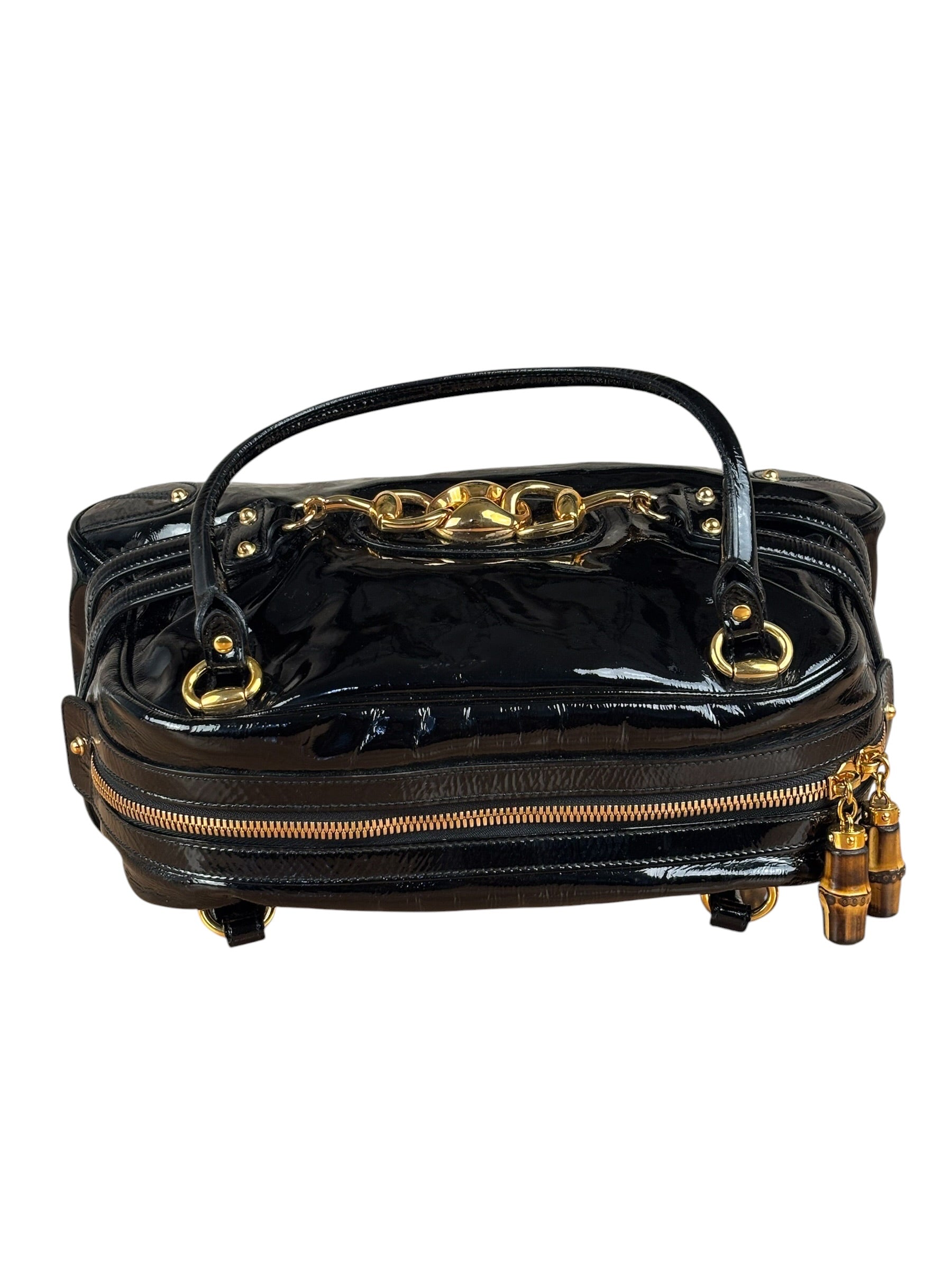 Gucci Black Patent Leather Horsebit Wave Shoulder Bag