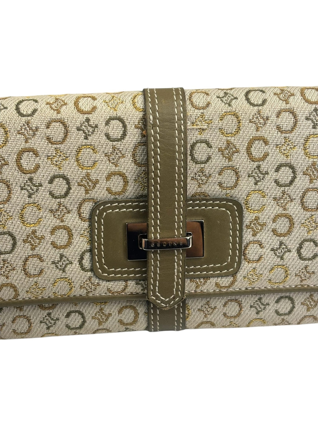 Celine Green/Beige Leather Trim Macadam Flap Wallet