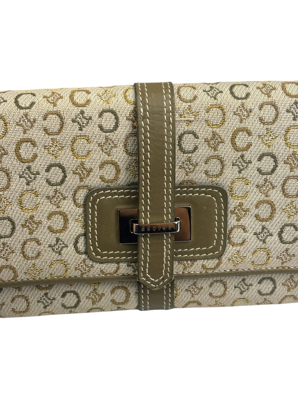 Celine Green/Beige Leather Trim Macadam Flap Wallet