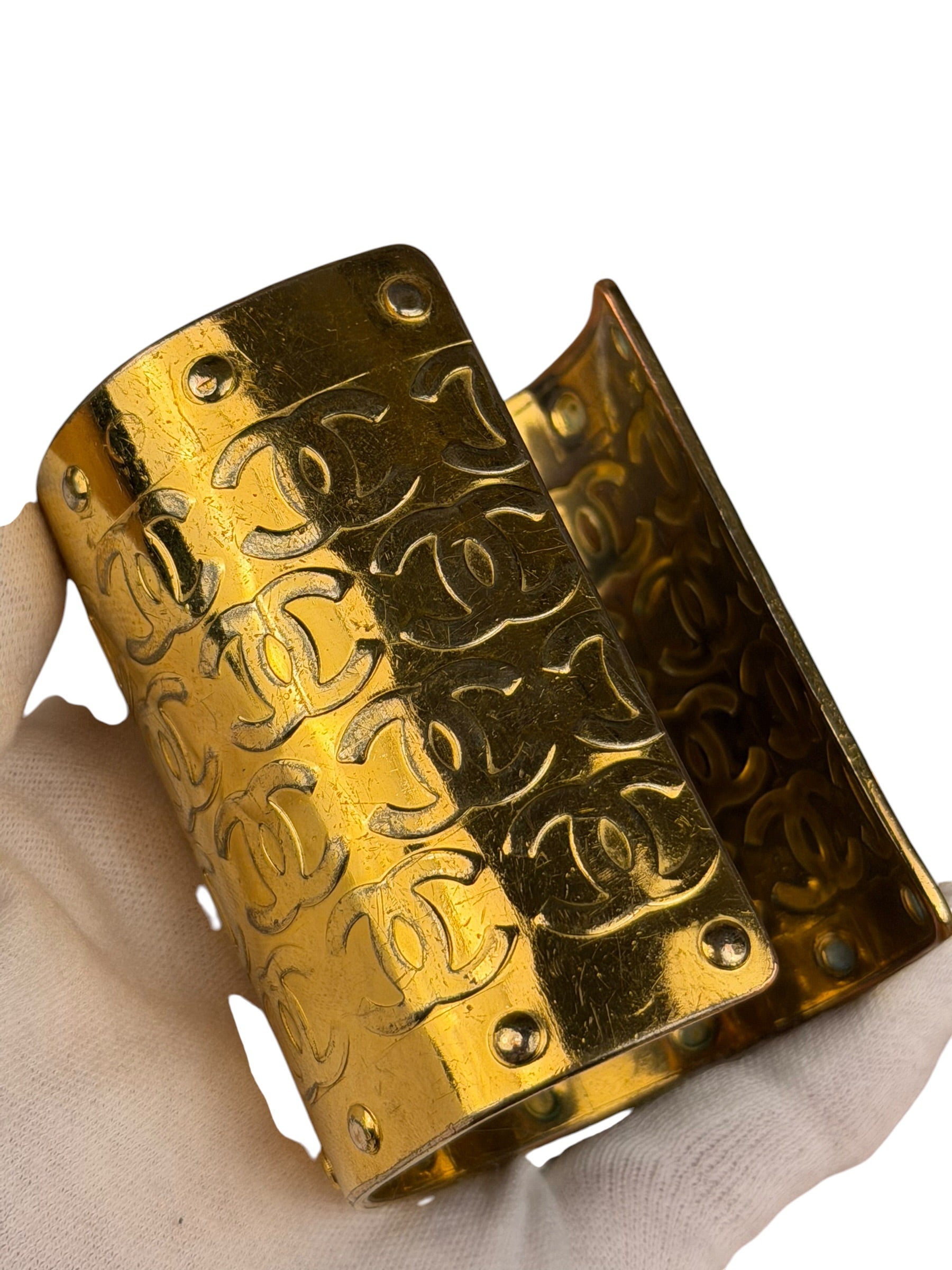 Chanel Vintage Gold CC Print Cuff Bracelet