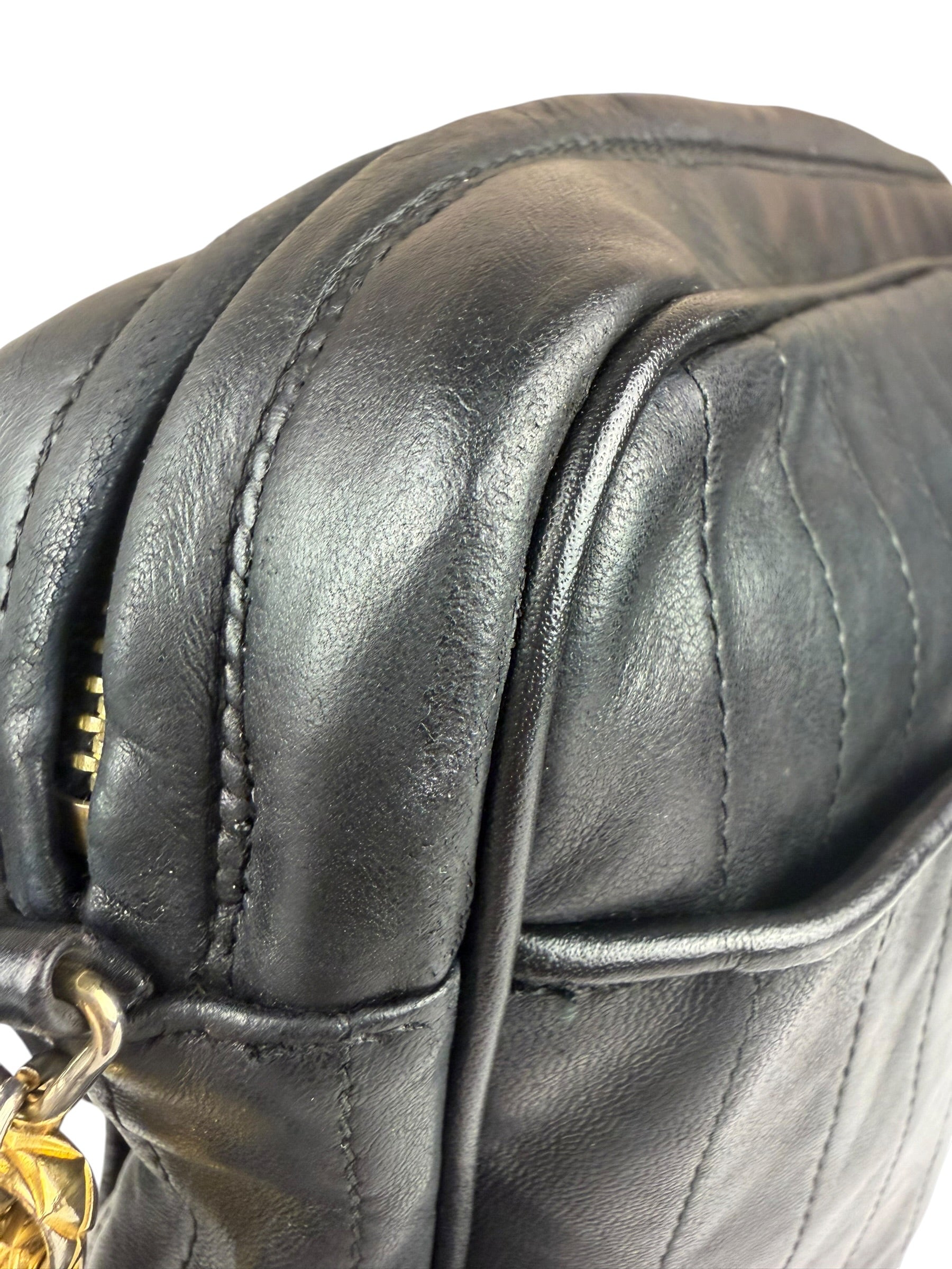 Chanel Vintage Black Leather Mademoiselle Vertical Quilted Shoulder Bag 1990's