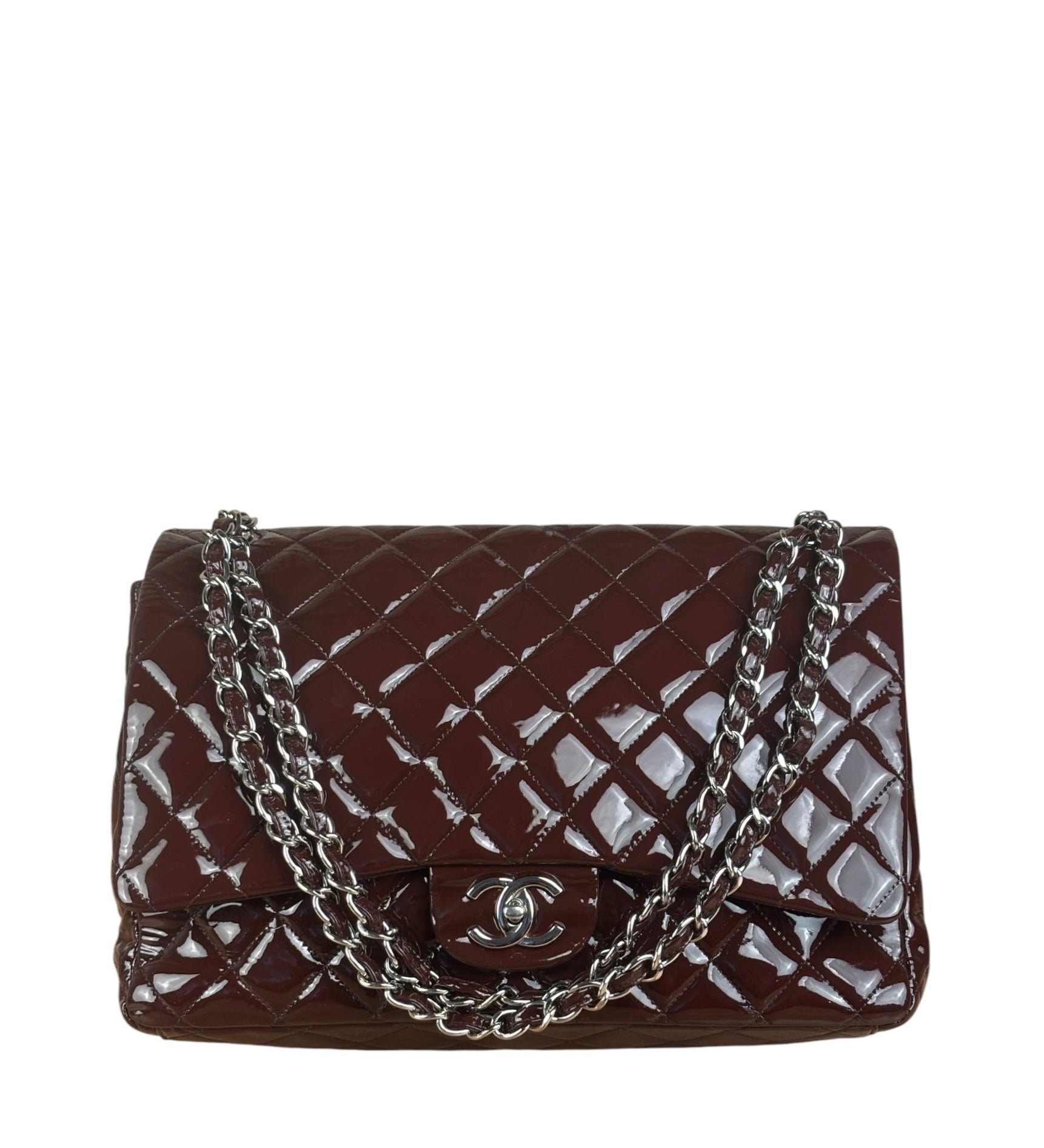 Chanel Burgundy Patent Leather Double Flap Maxi Jumbo Shoulder Bag