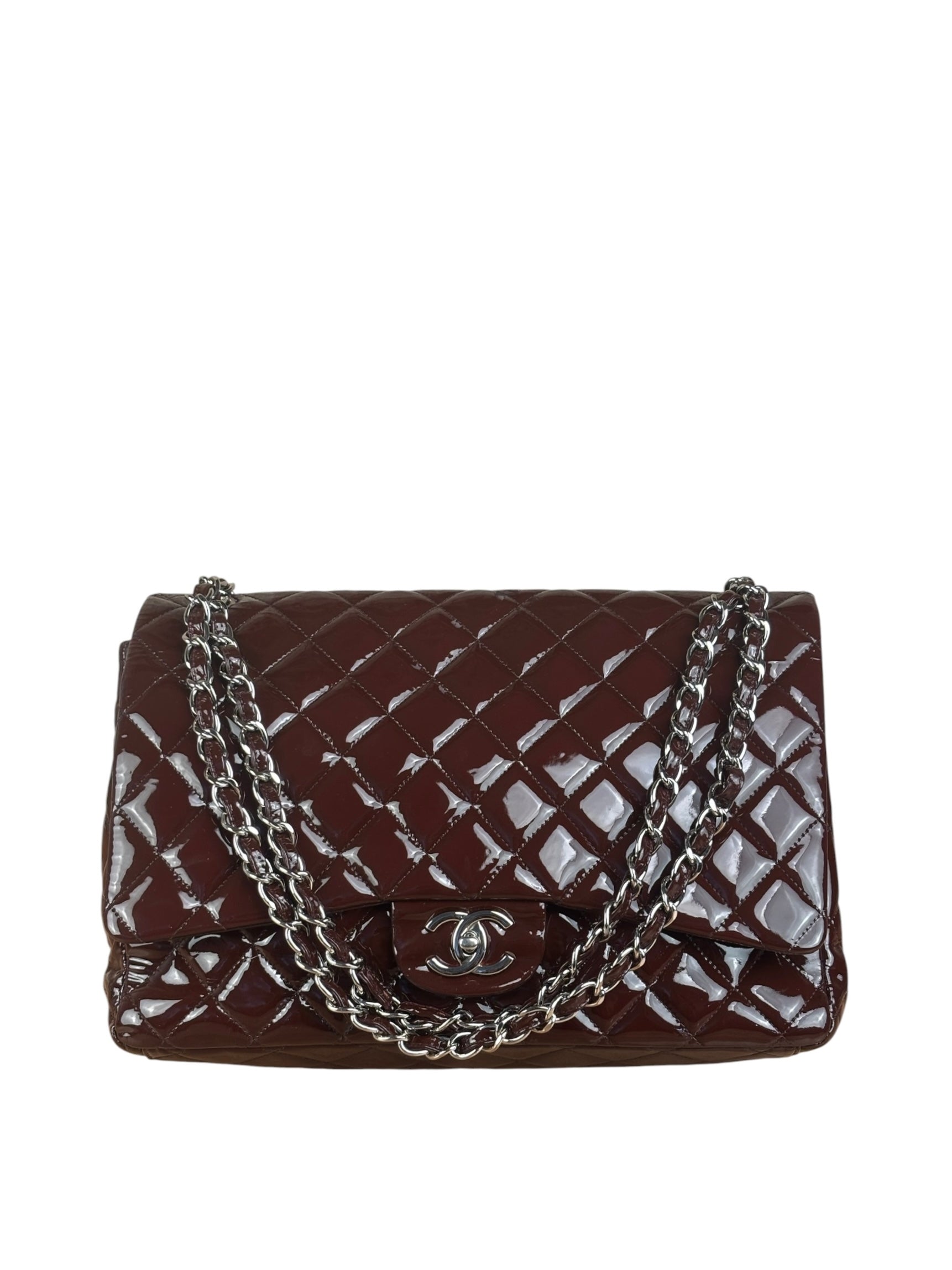 Chanel Burgundy Patent Leather Double Flap Maxi Jumbo Shoulder Bag