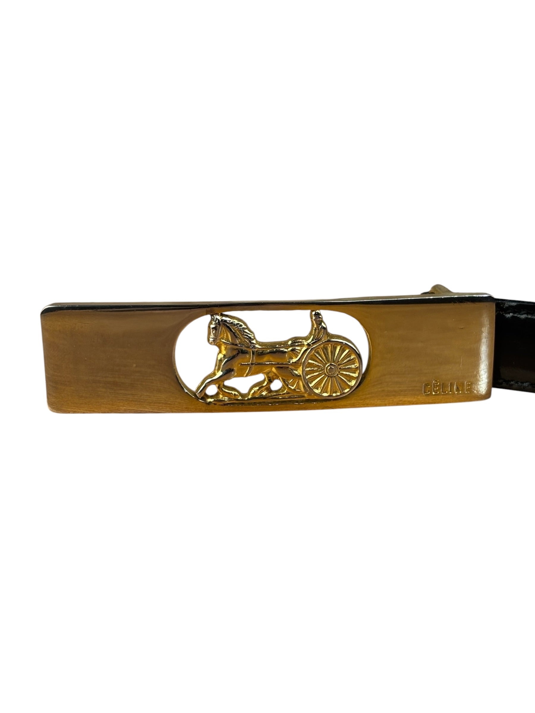 Celine Vintage Black Leather Horse Carriage Rectangular Plate Buckle Belt