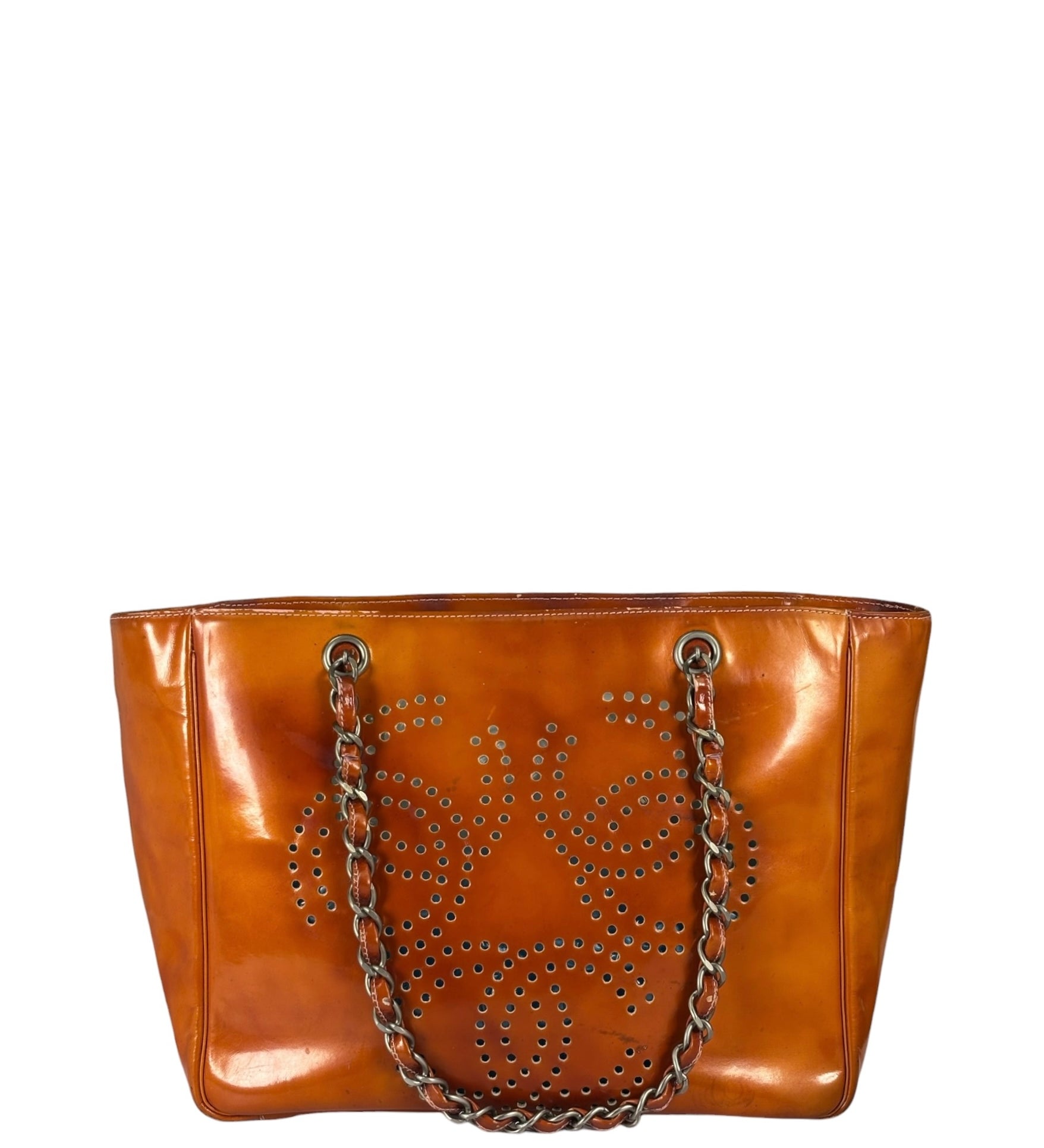Chanel Vintage Orange Patent Leather Perforated CC Shopping Tote 1996
