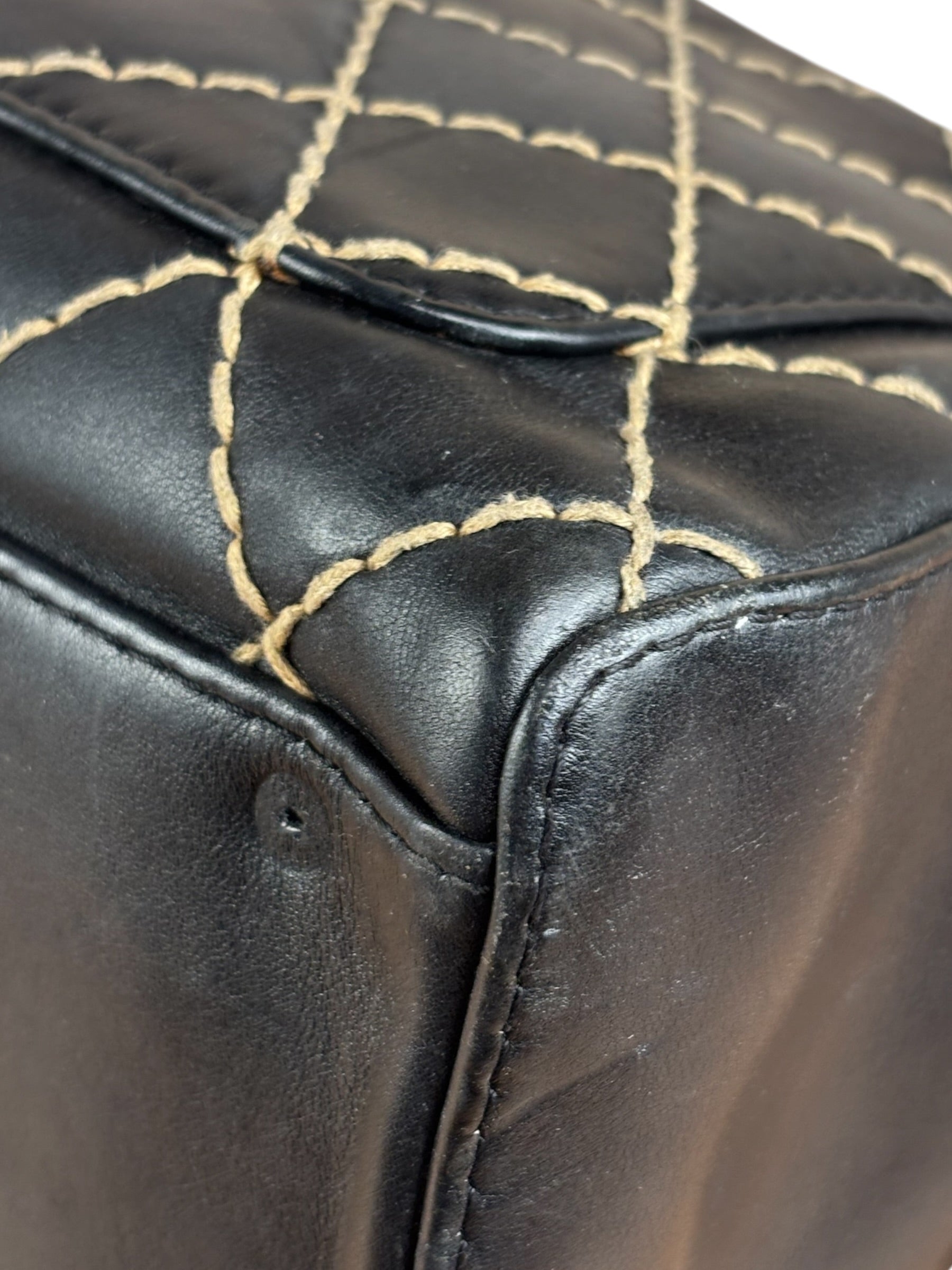 Chanel Vintage Black Leather Wild Stitch Bowler Shoulder Bag 2001