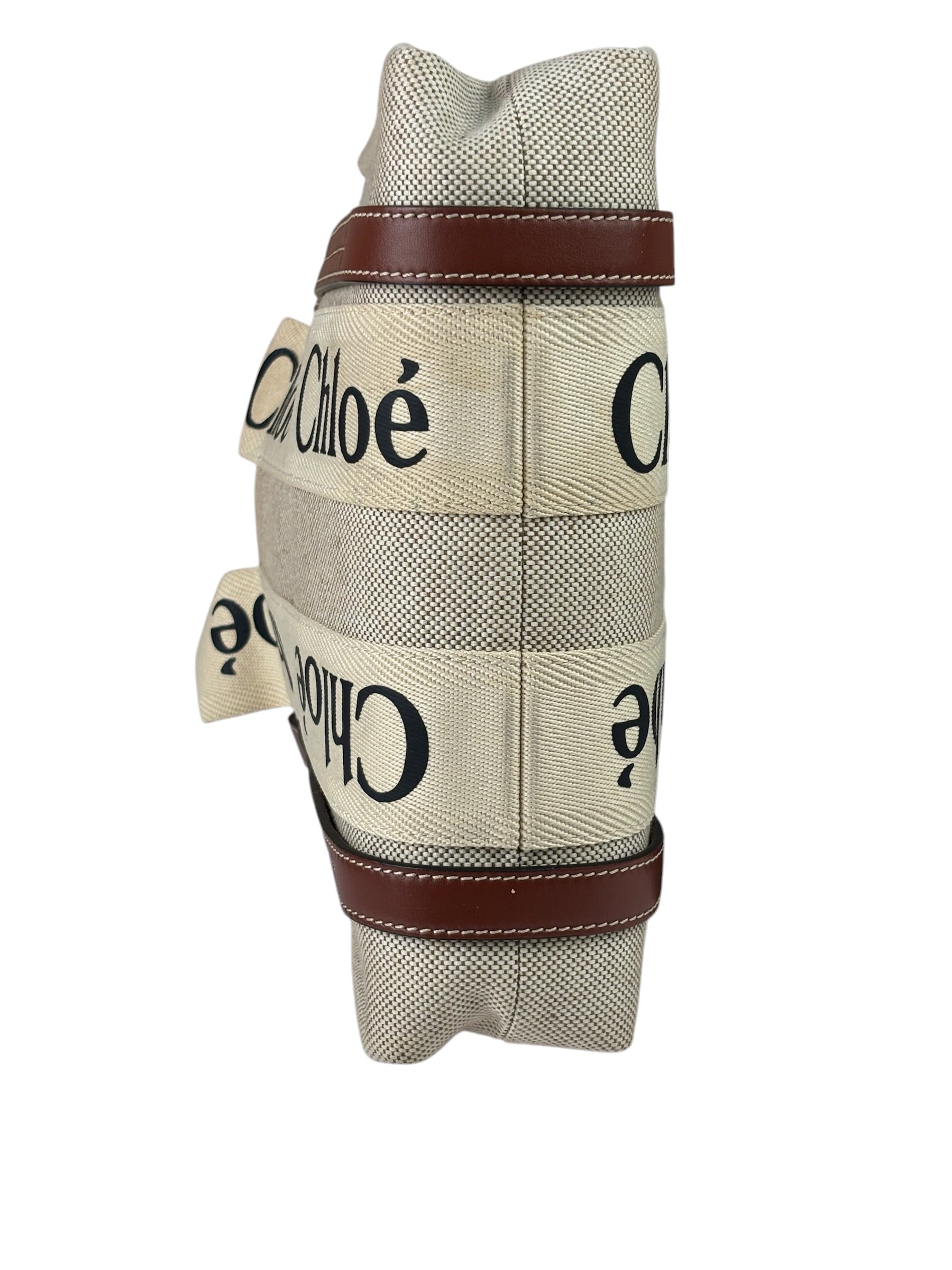 Chloe Beige/Brown Leather Trim Small Woody Two-Way Tote