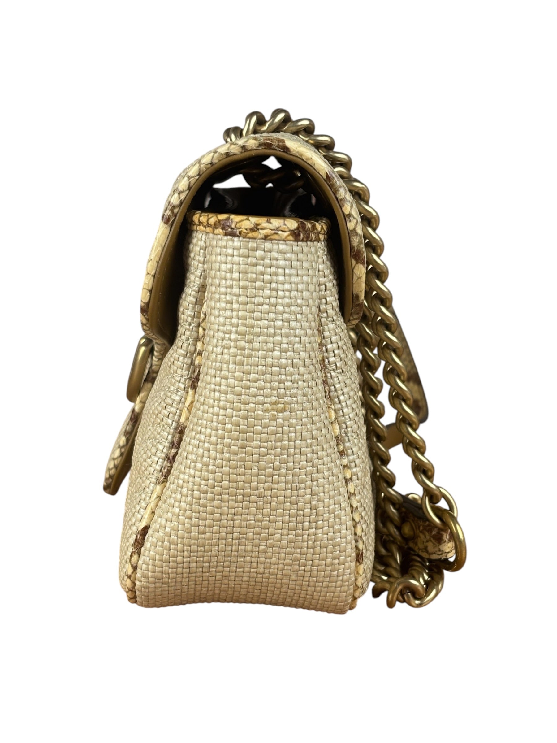 Gucci GG Beige Raffia Marmont Snakeskin Trim Flap Bag