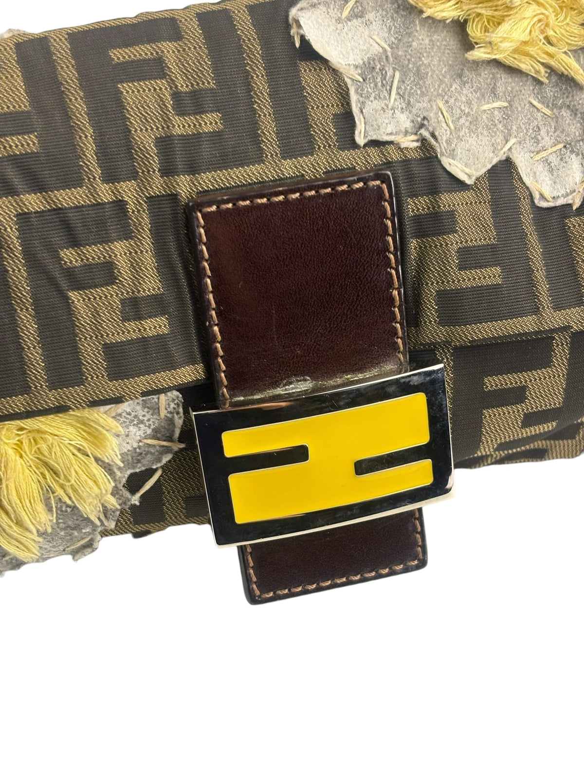 Fendi Brown Leather Trim Zucca Floral Embroidered Baguette