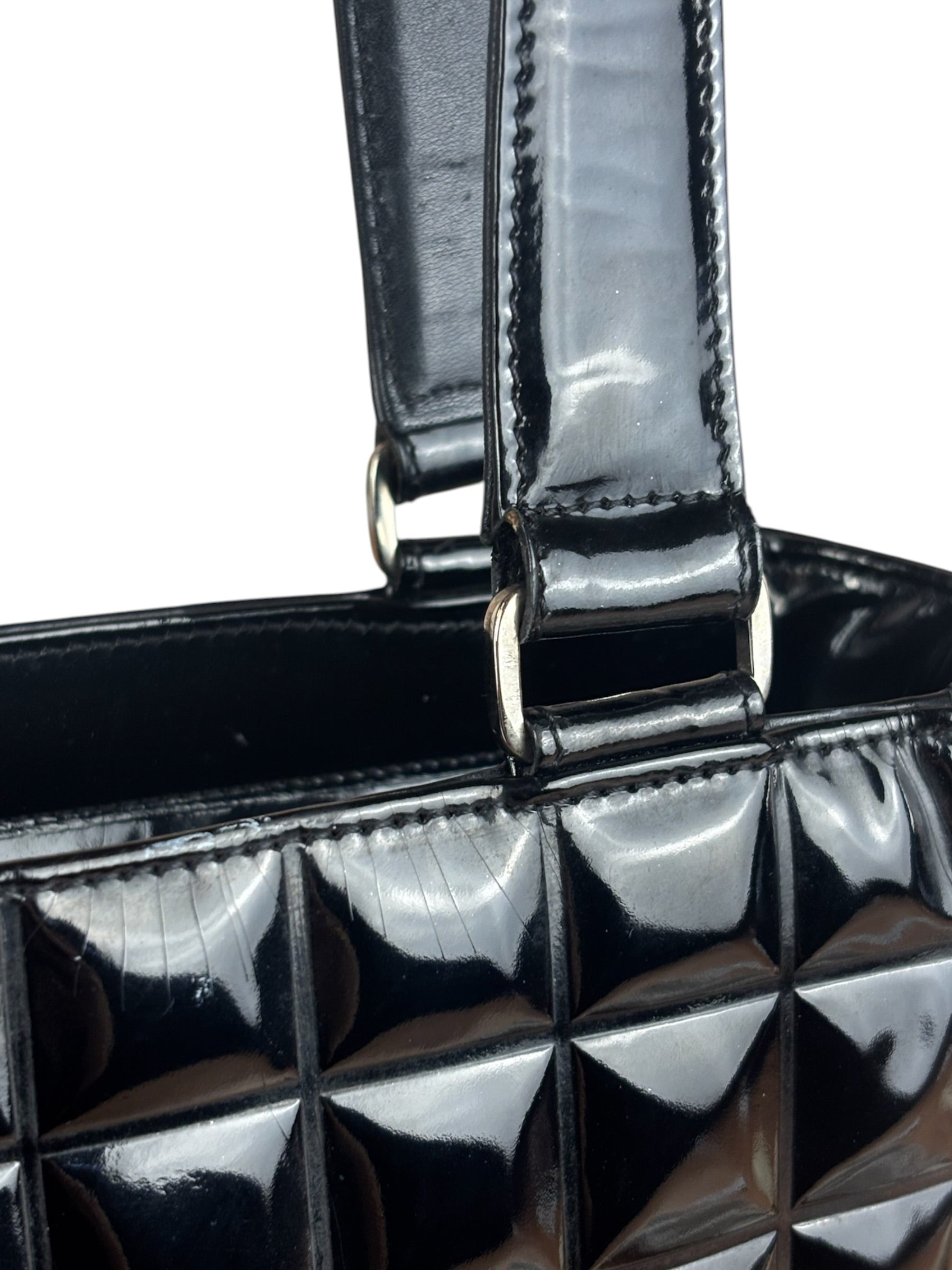 Chanel Vintage Black Patent Leather Chocolate Bar Tote Bag 2002