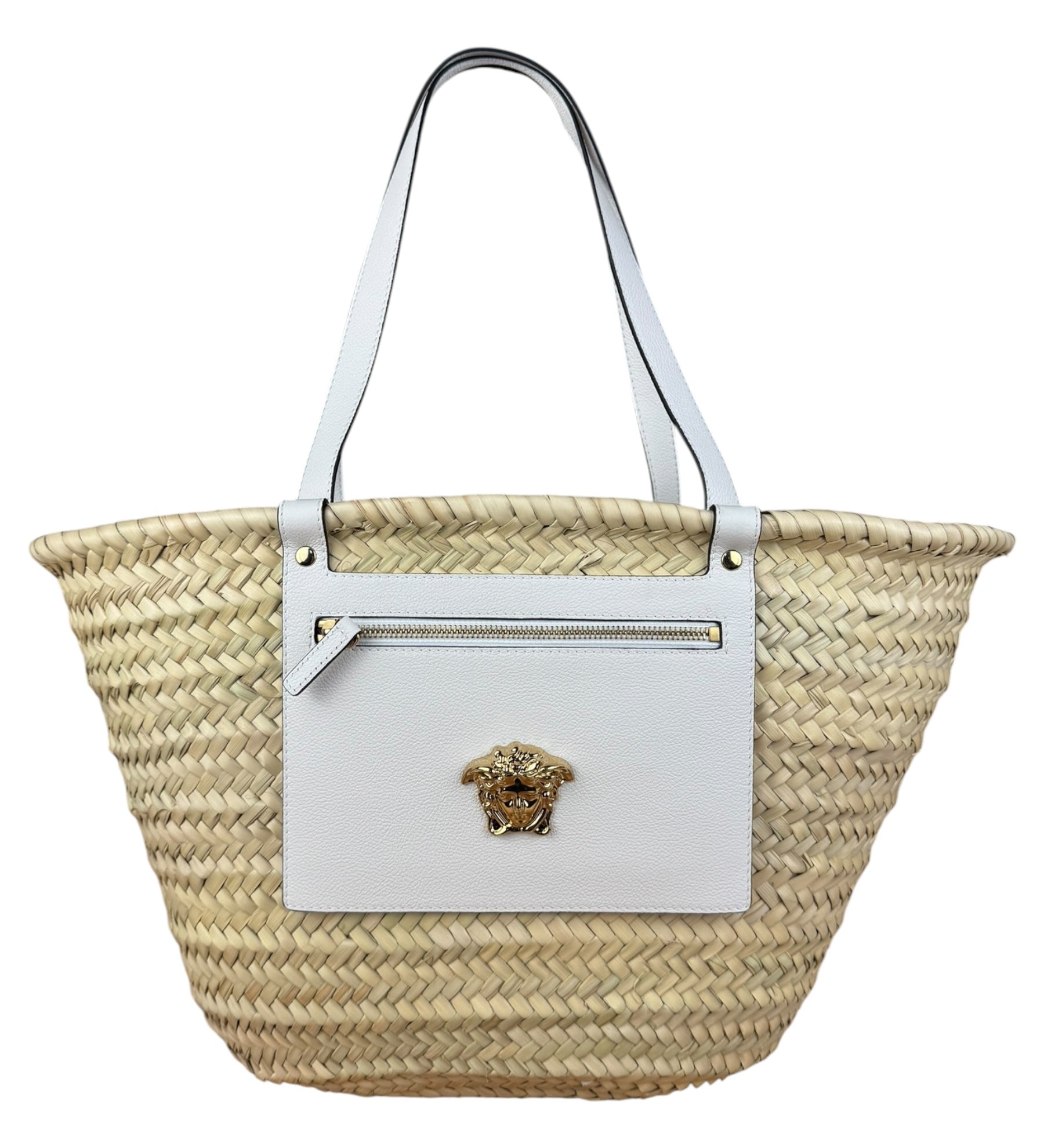 Versace Wicker Woven White Medusa Top Handle Tote