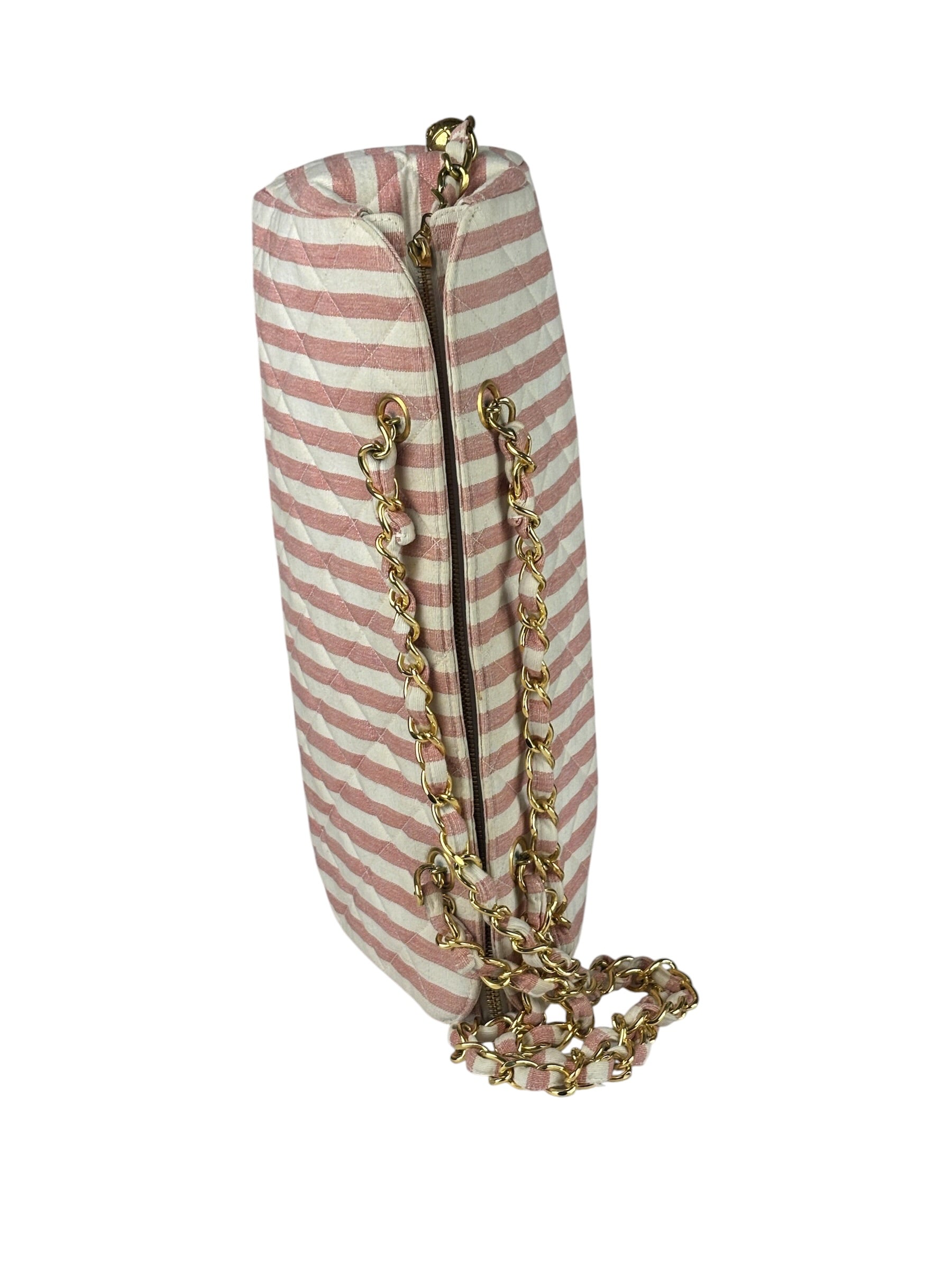 Chanel Vintage Pink/Cream Denim Maxi Stripped Tote 1994