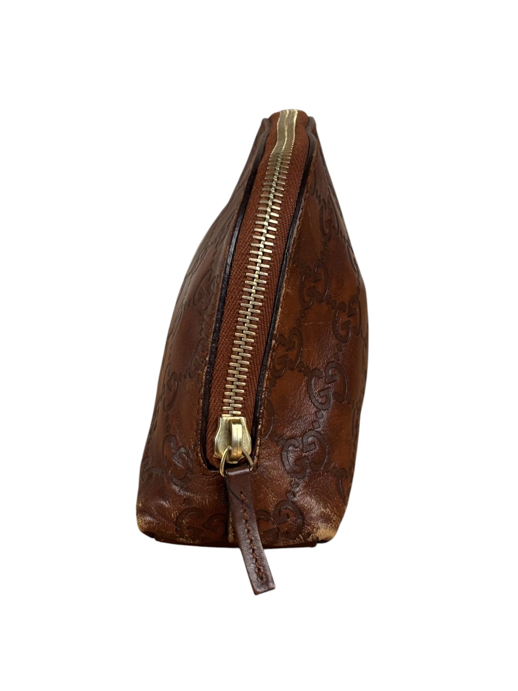 Gucci Vintage Brown Leather GG Zip Pouch