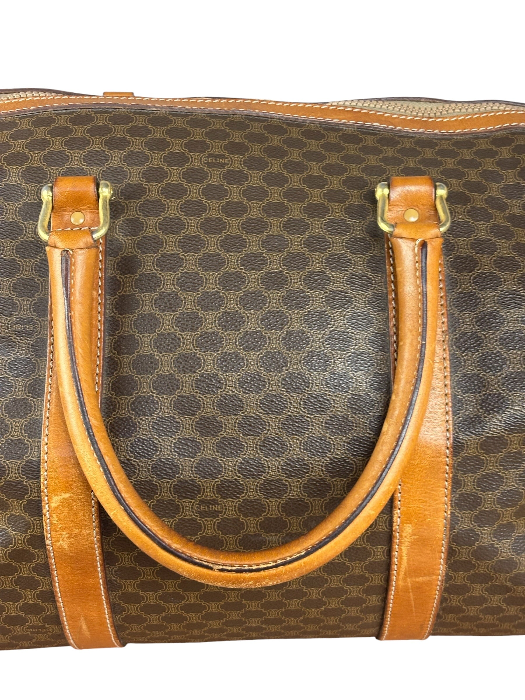 Celine Brown Leather Canvas Macadam Travel Handbag