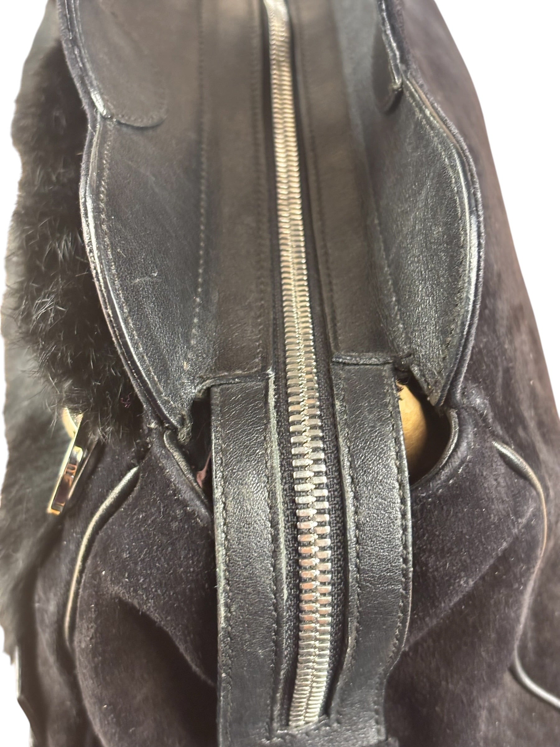 Salvatore Ferragamo Black Rabbit Fur Leather Trim Shoulder Bag