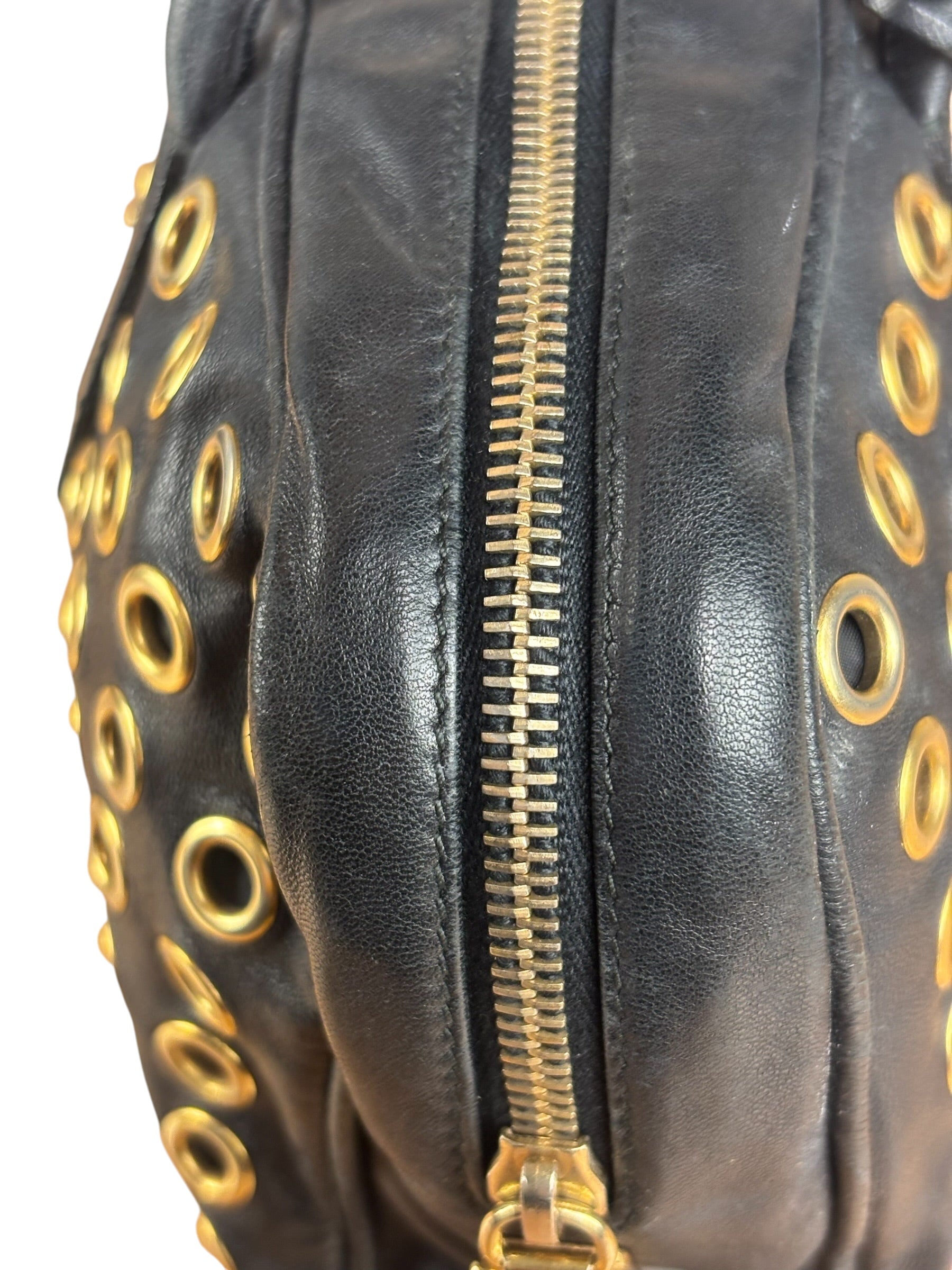 Prada Vintage Black Leather Nappa Metal Grommet Bauletto Handbag