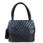 Chanel Black Chevron Quilted Tassel Fringe Tote 1992