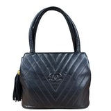 Chanel Black Chevron Quilted Tassel Fringe Tote 1992