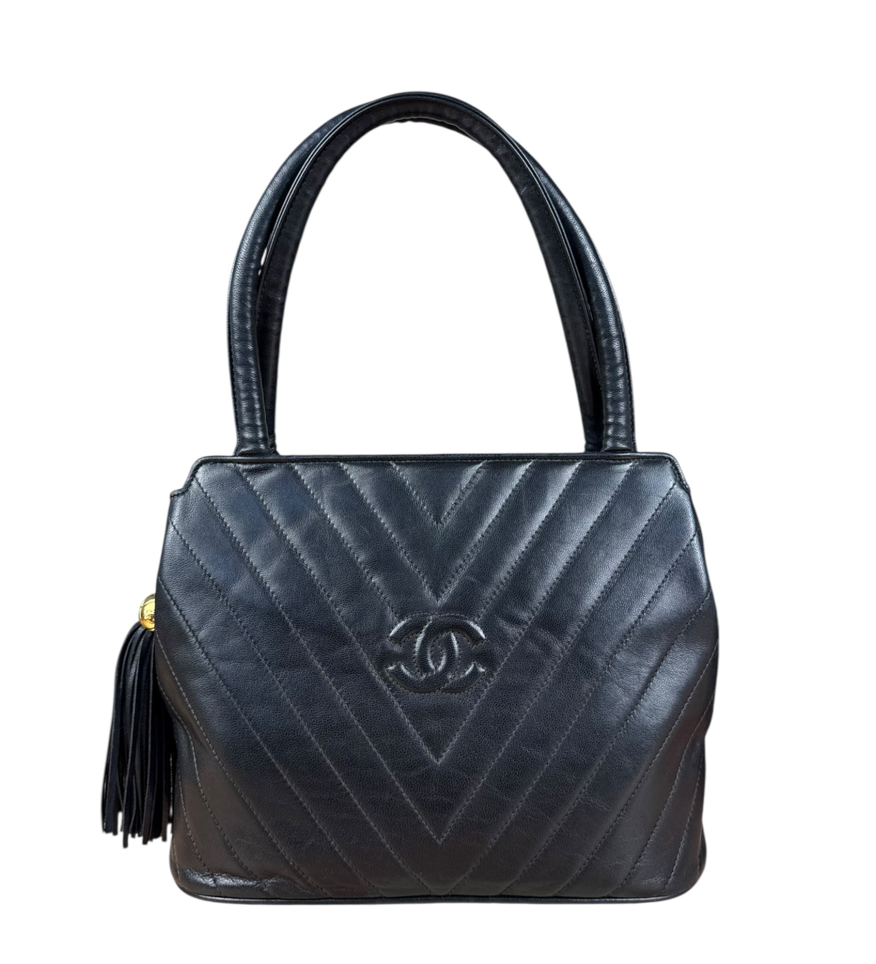 Chanel Black Chevron Quilted Tassel Fringe Tote 1992
