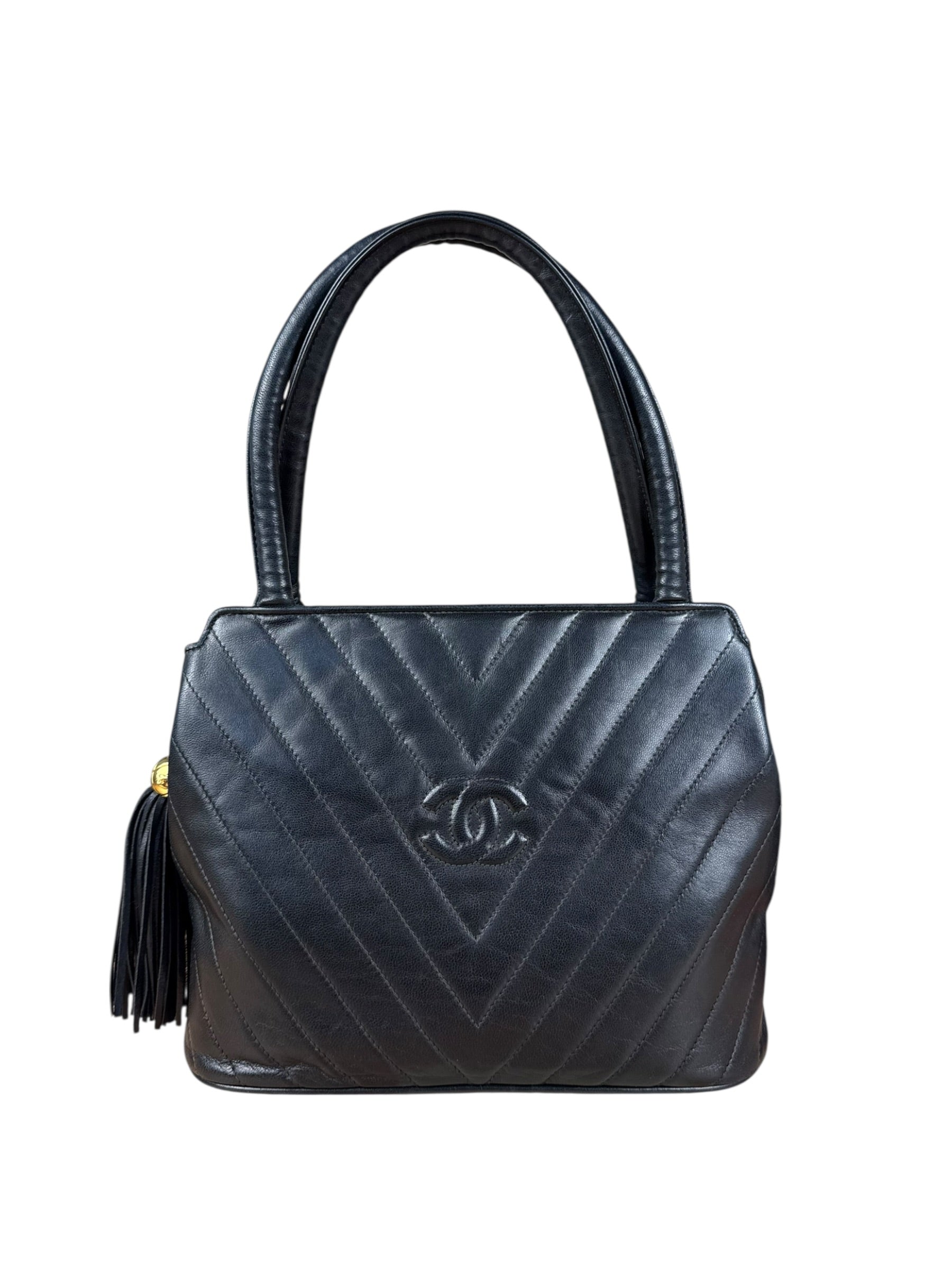 Chanel Black Chevron Quilted Tassel Fringe Tote 1992