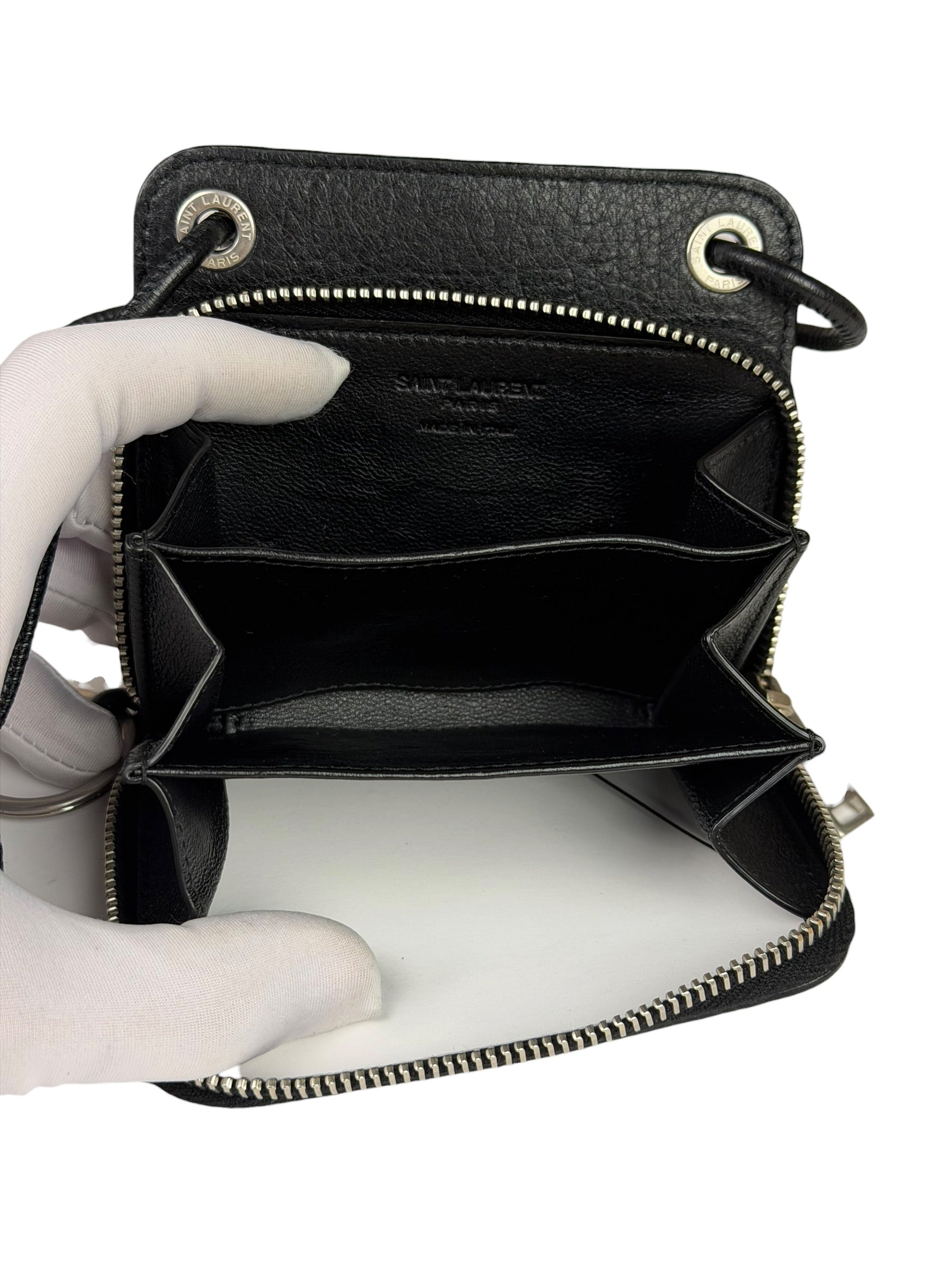 Yves Saint Laurent Black Leather Paris Lanyard Wallet