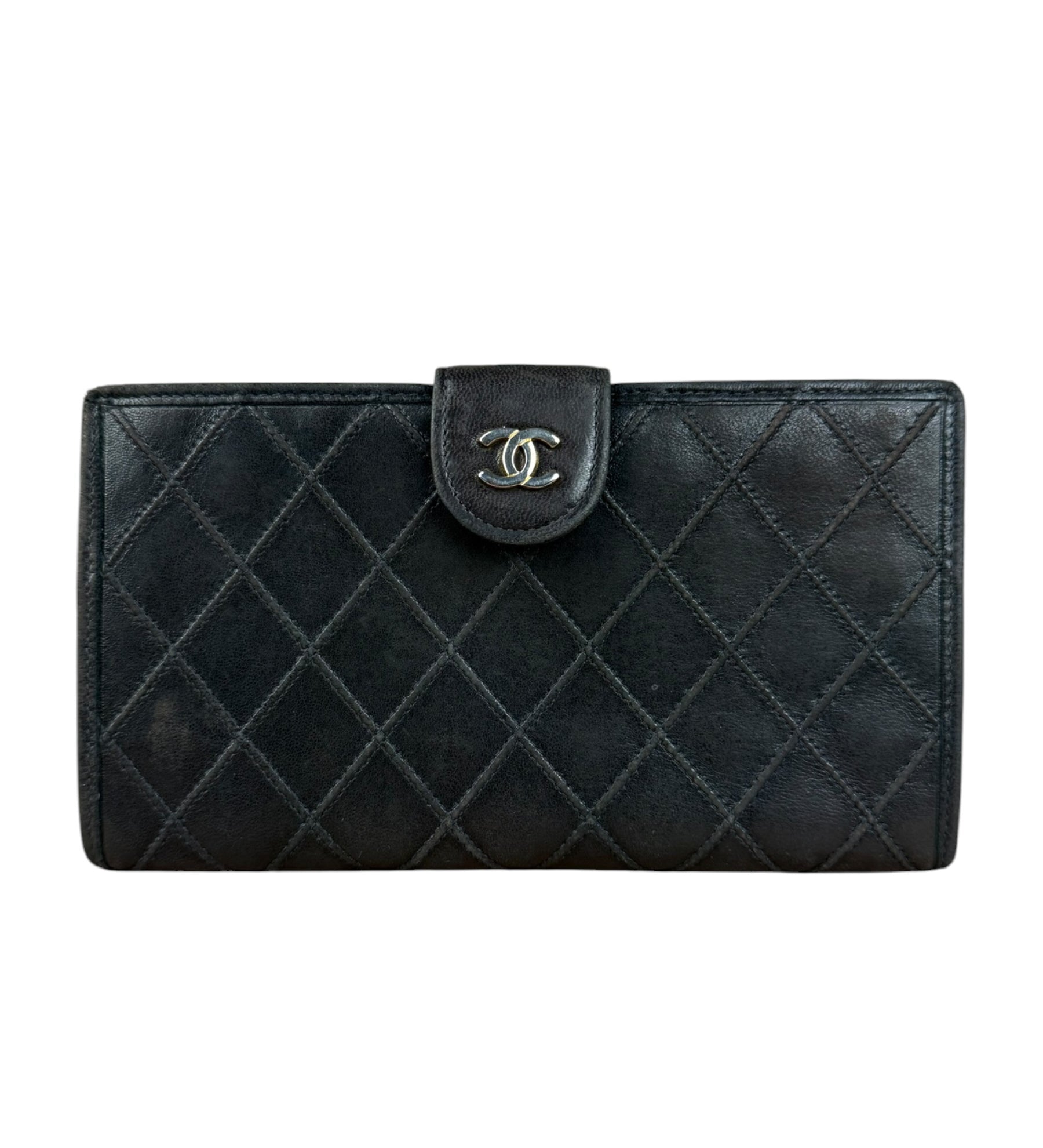 Chanel Vintage Dark Brown Leather Quilted CC Long Wallet