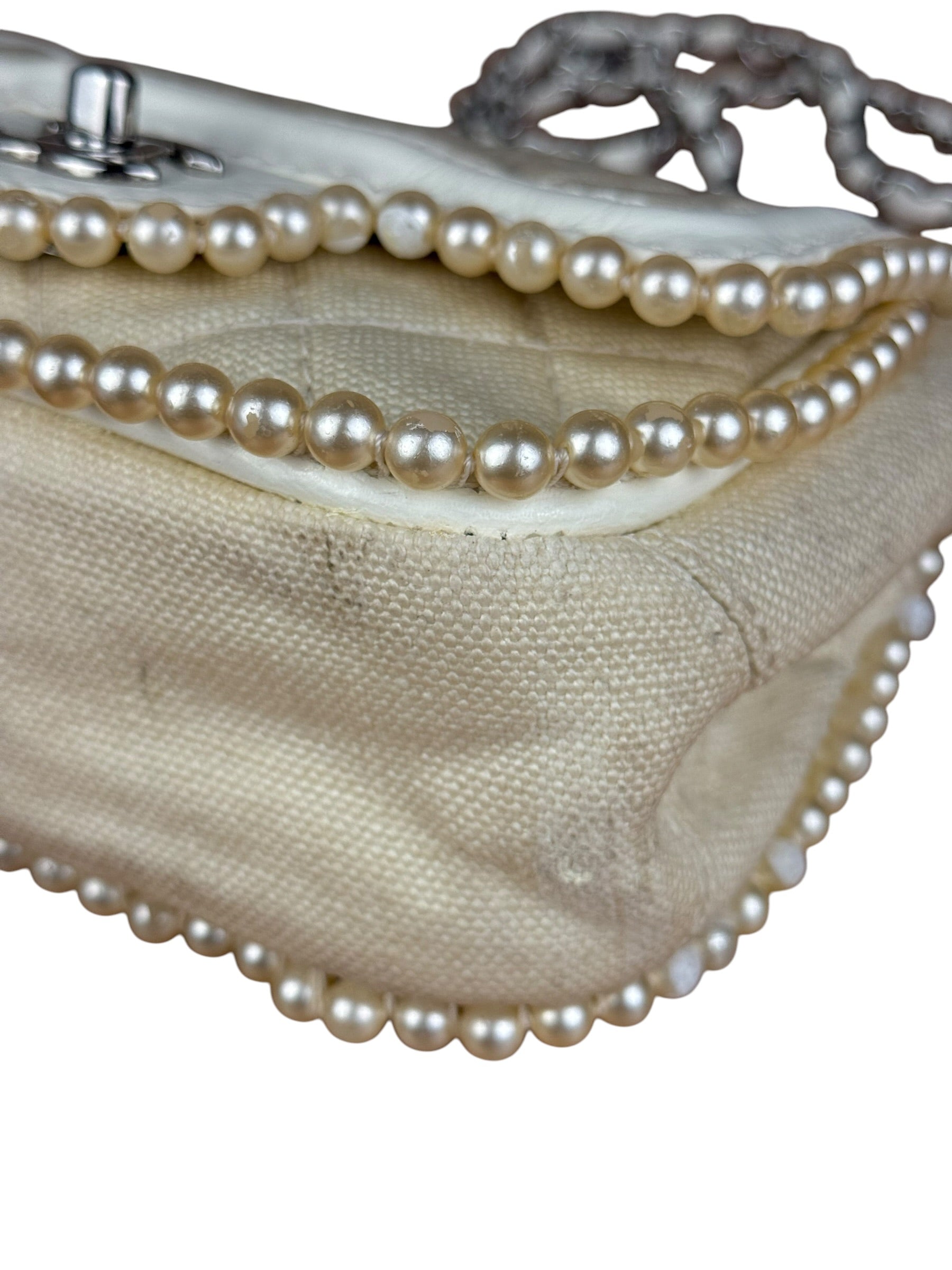 Chanel White Leather/Canvas Pearl Crossbody Flap 2003