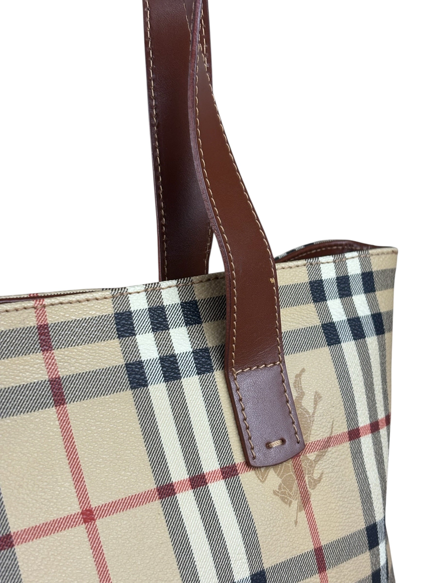 Burberry Vintage Brown Leather  Haymarket Canvas House Check Tote Bag