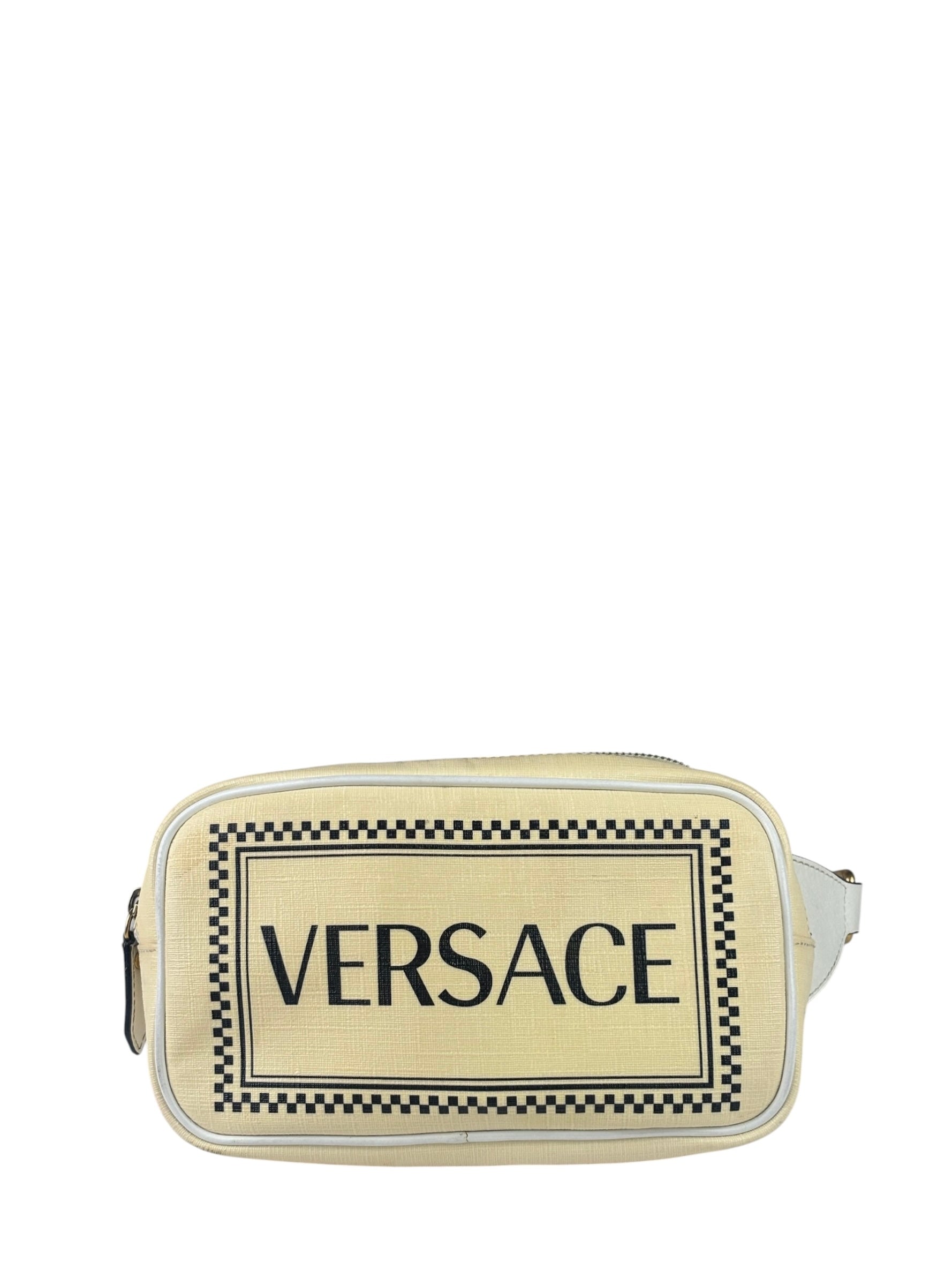 Versace Pastel Yellow Leather Logo Print Belt Bag