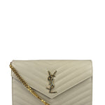 YSL Cream Pebbled Leather Cassandre Envelope Small Wallet On Chain