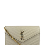 YSL Cream Pebbled Leather Cassandre Envelope Small Wallet On Chain