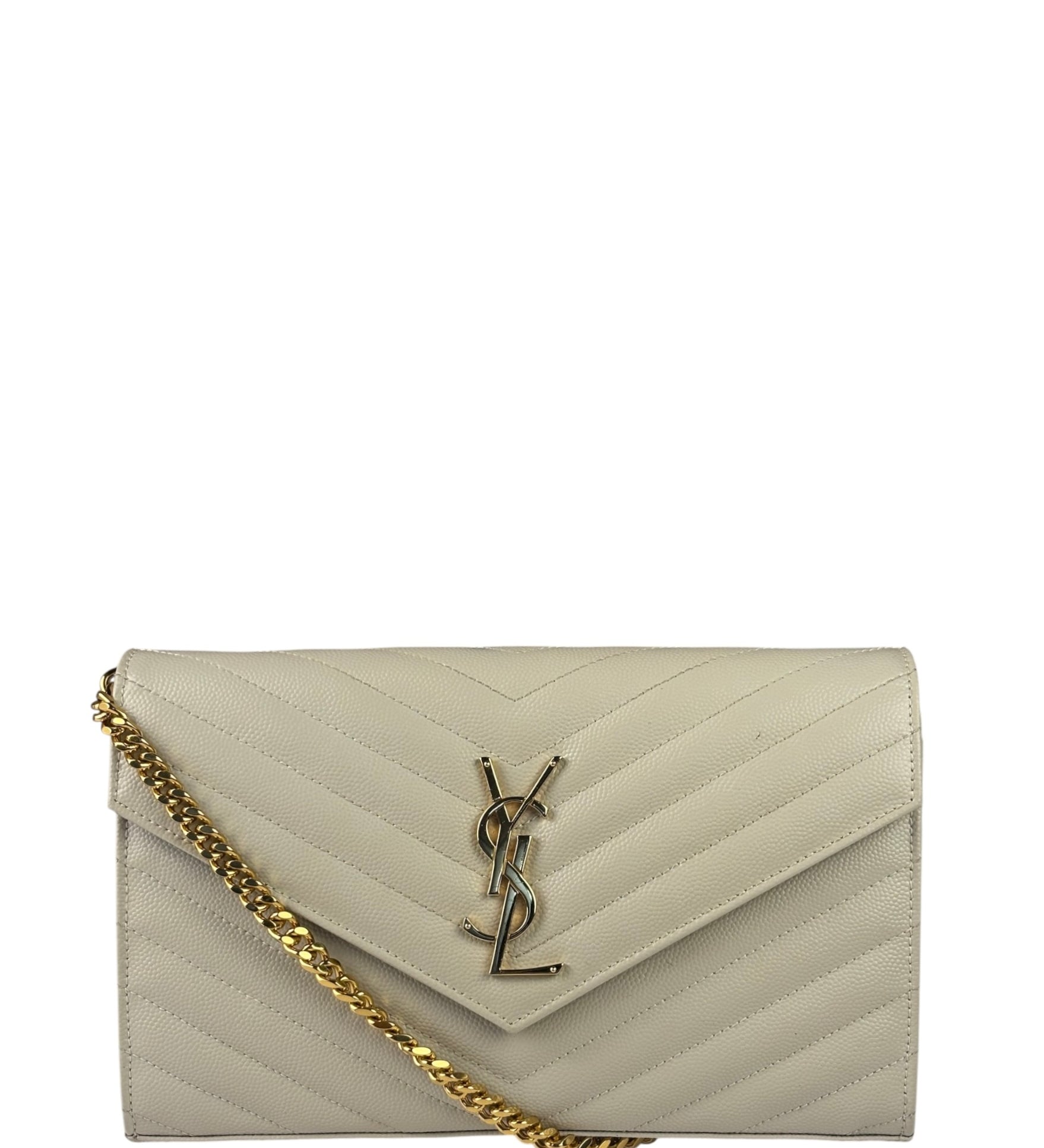 YSL Cream Pebbled Leather Cassandre Envelope Small Wallet On Chain