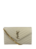 YSL Cream Pebbled Leather Cassandre Envelope Small Wallet On Chain