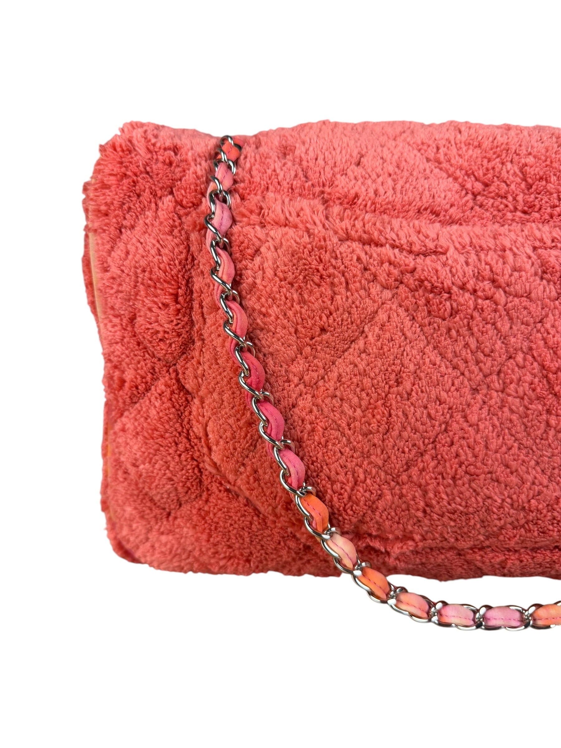 Chanel Coral Terry Cloth Quilted Jumbo Single Flap Shoulder Bag2020