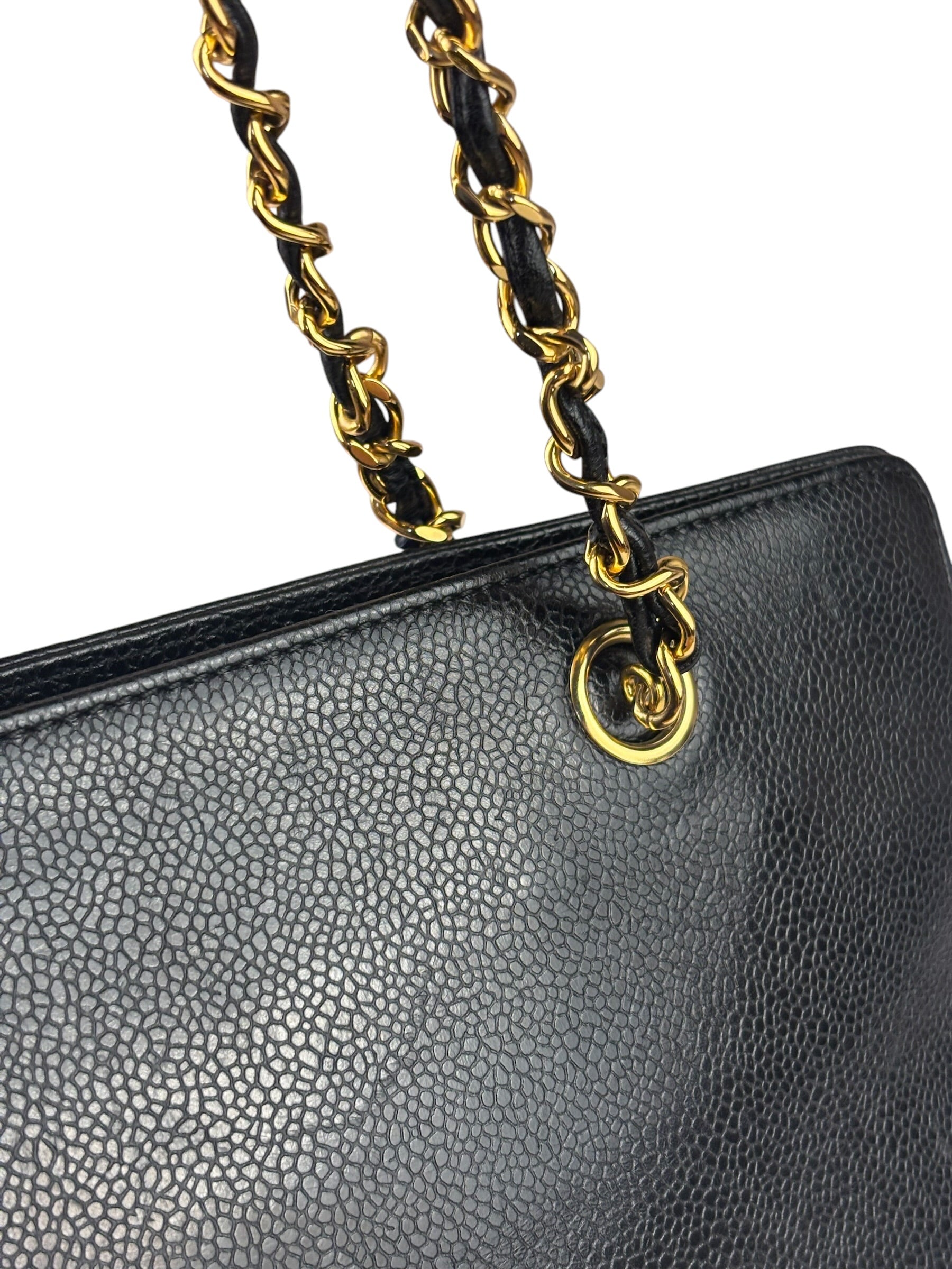 Chanel Vintage Black Caviar Leather Timeless Chain Shoulder Tote 1998
