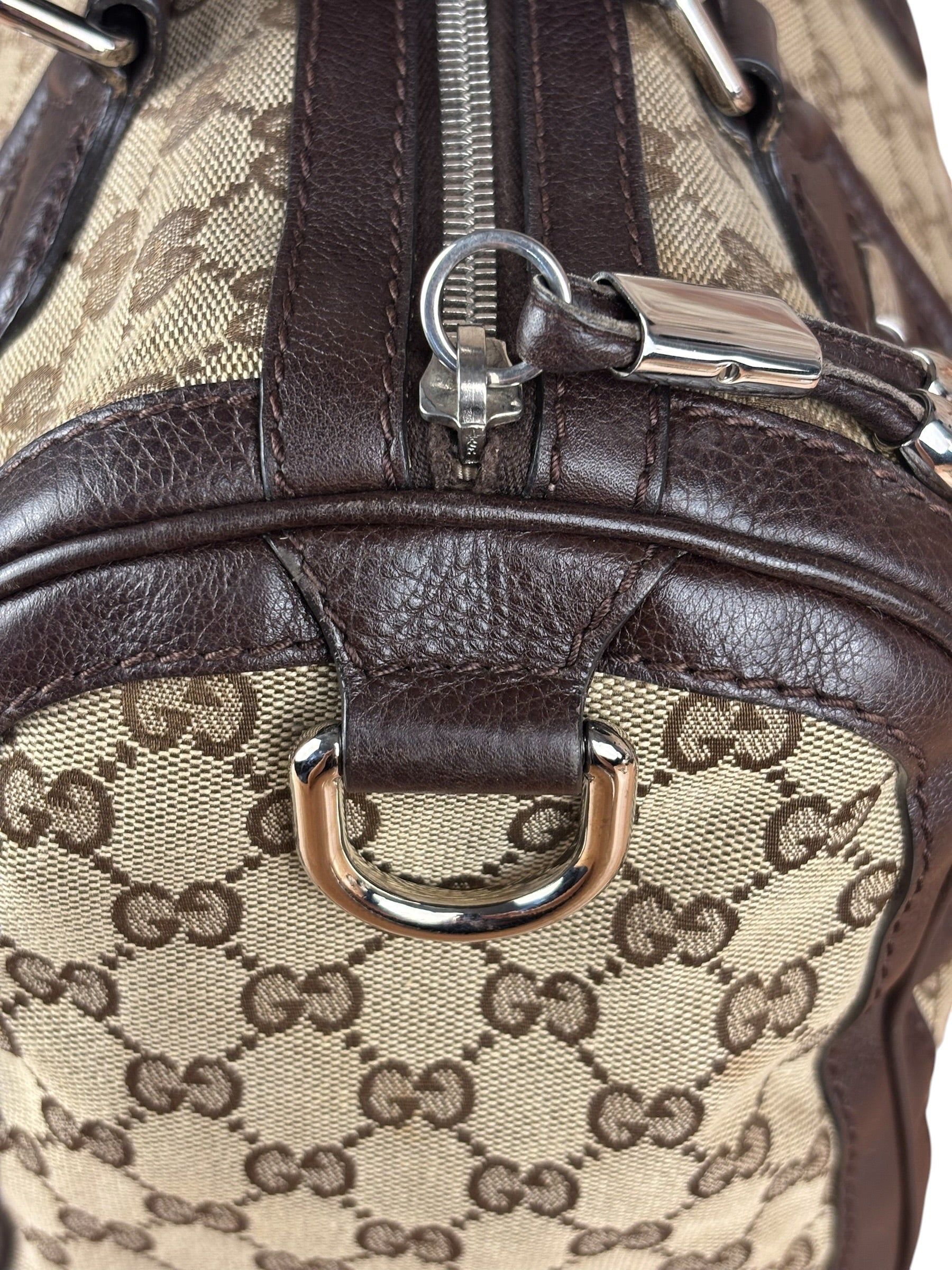 Gucci GG Leather Trim Canvas Techno Boston Handbag