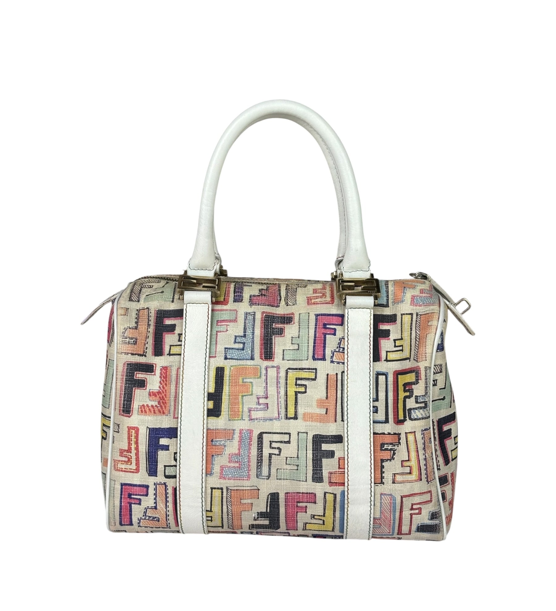 Fendi Beige Leather Multicolor Zucca Forever Boston Bag