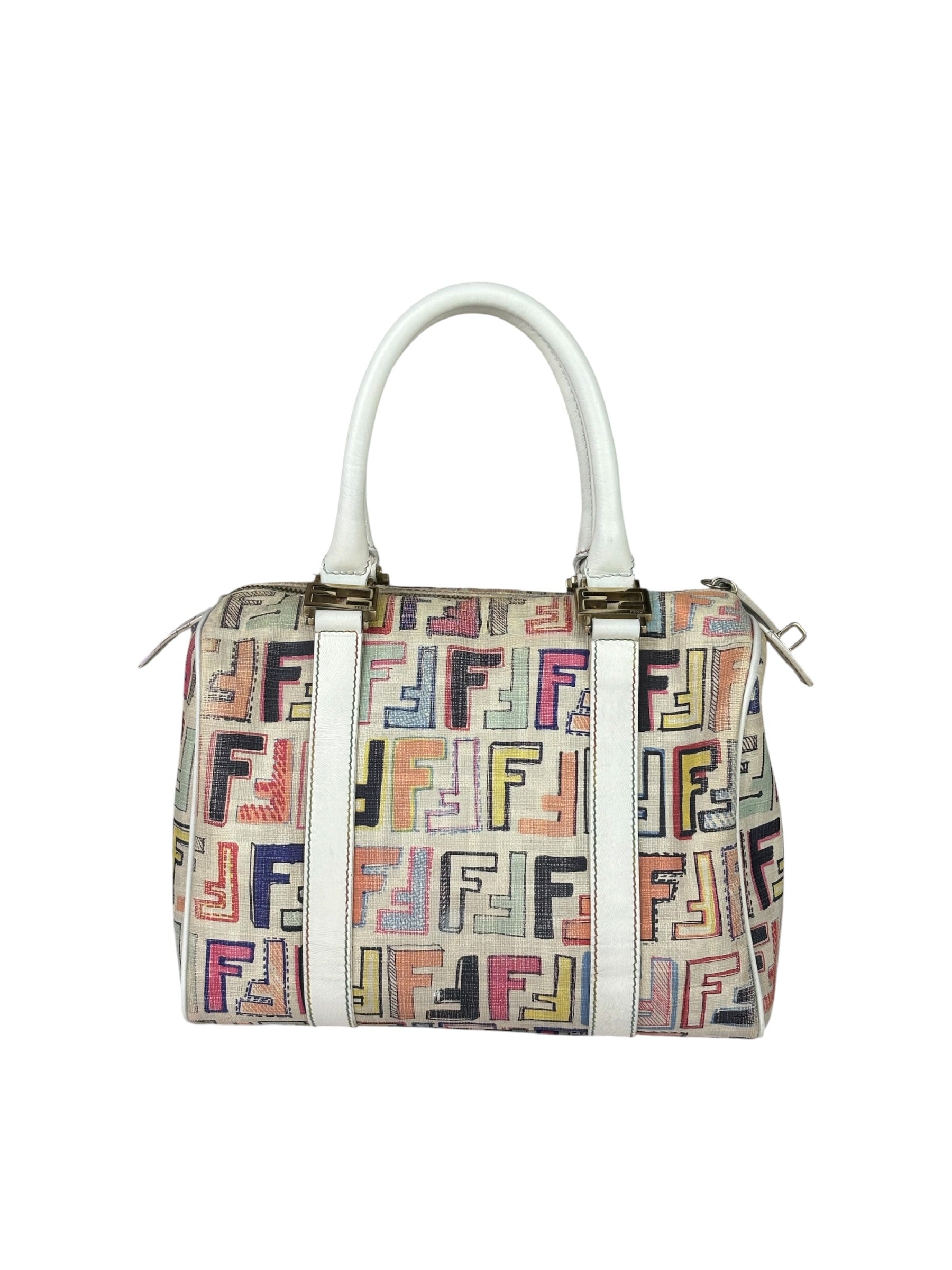 Fendi Beige Leather Multicolor Zucca Forever Boston Bag