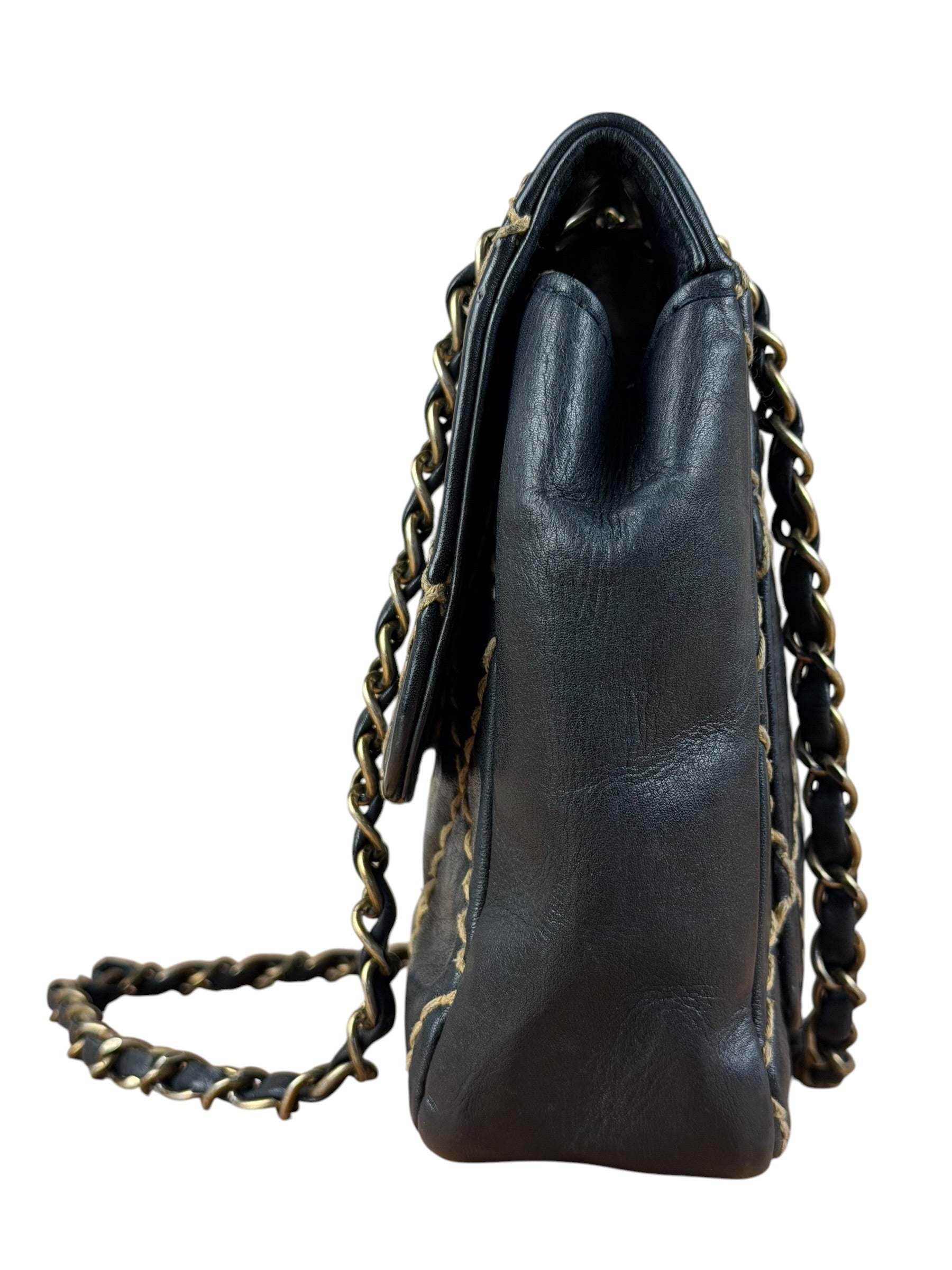 Chanel Vintage Navy Blue Leather Wild Stitch Surpique Flap Bag 2001