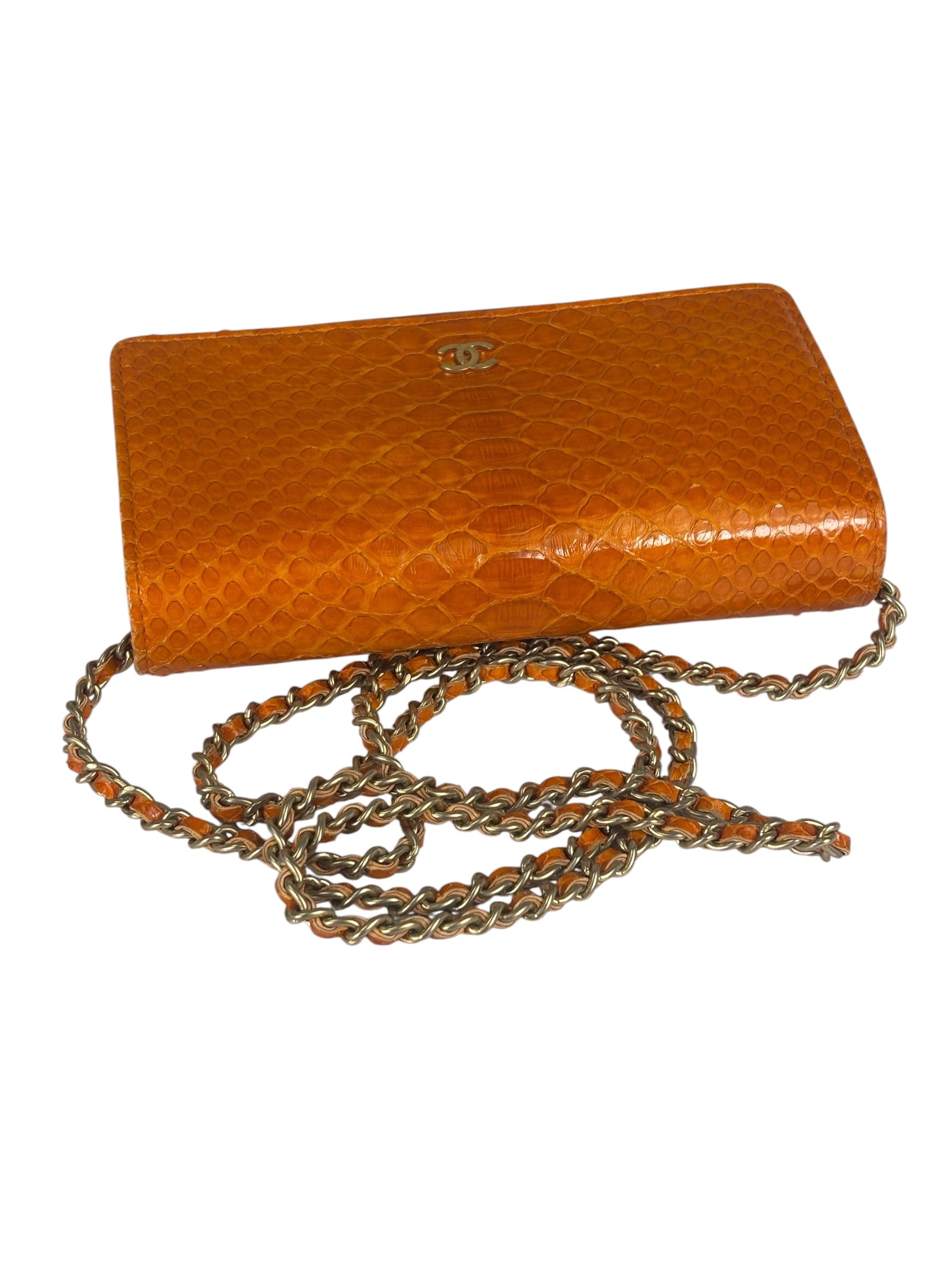 Chanel Orange Pythonskin Flap Wallet On Chain 2013