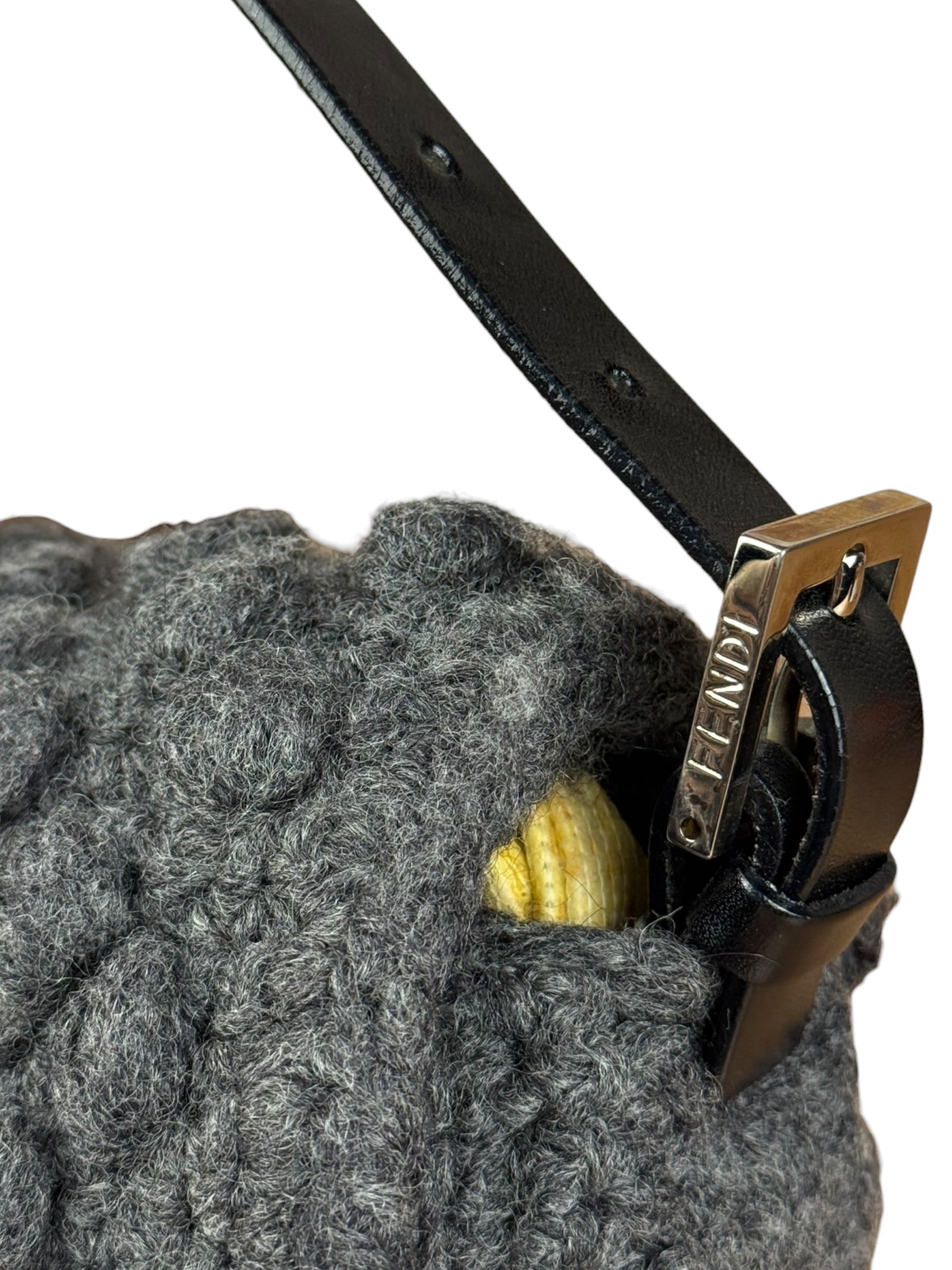 Fendi Grey Wool Crochet FF Baguette Shoulder Bag