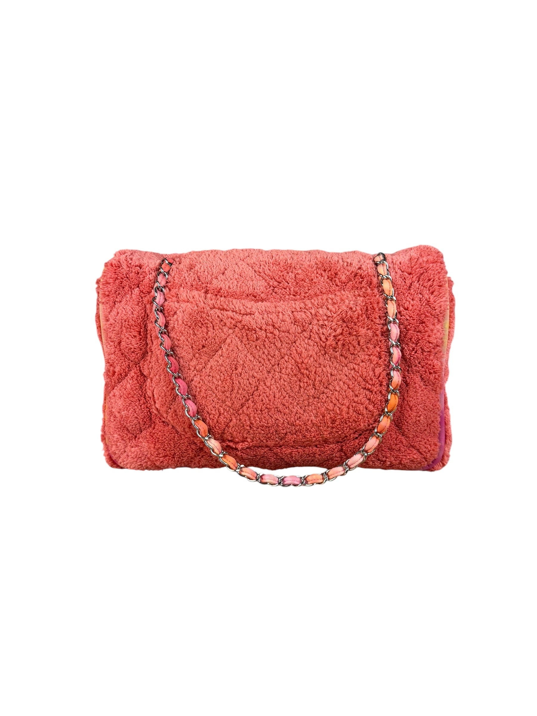 Chanel Coral Terry Cloth Quilted Jumbo Single Flap Shoulder Bag2020