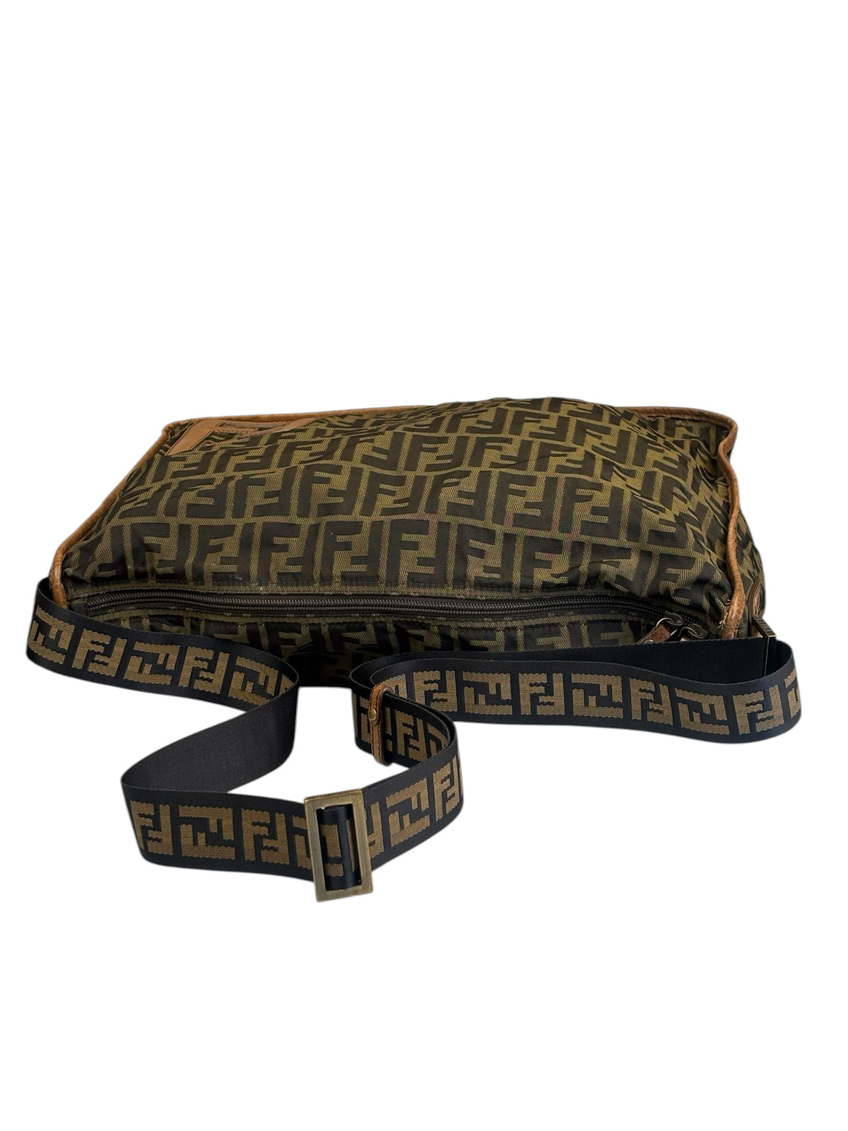 Fendi Zucca Print Brown Canvas Leather Trim Messenger Crossbody
