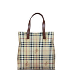 Burberry Vintage Brown Leather  Haymarket Canvas House Check Tote Bag