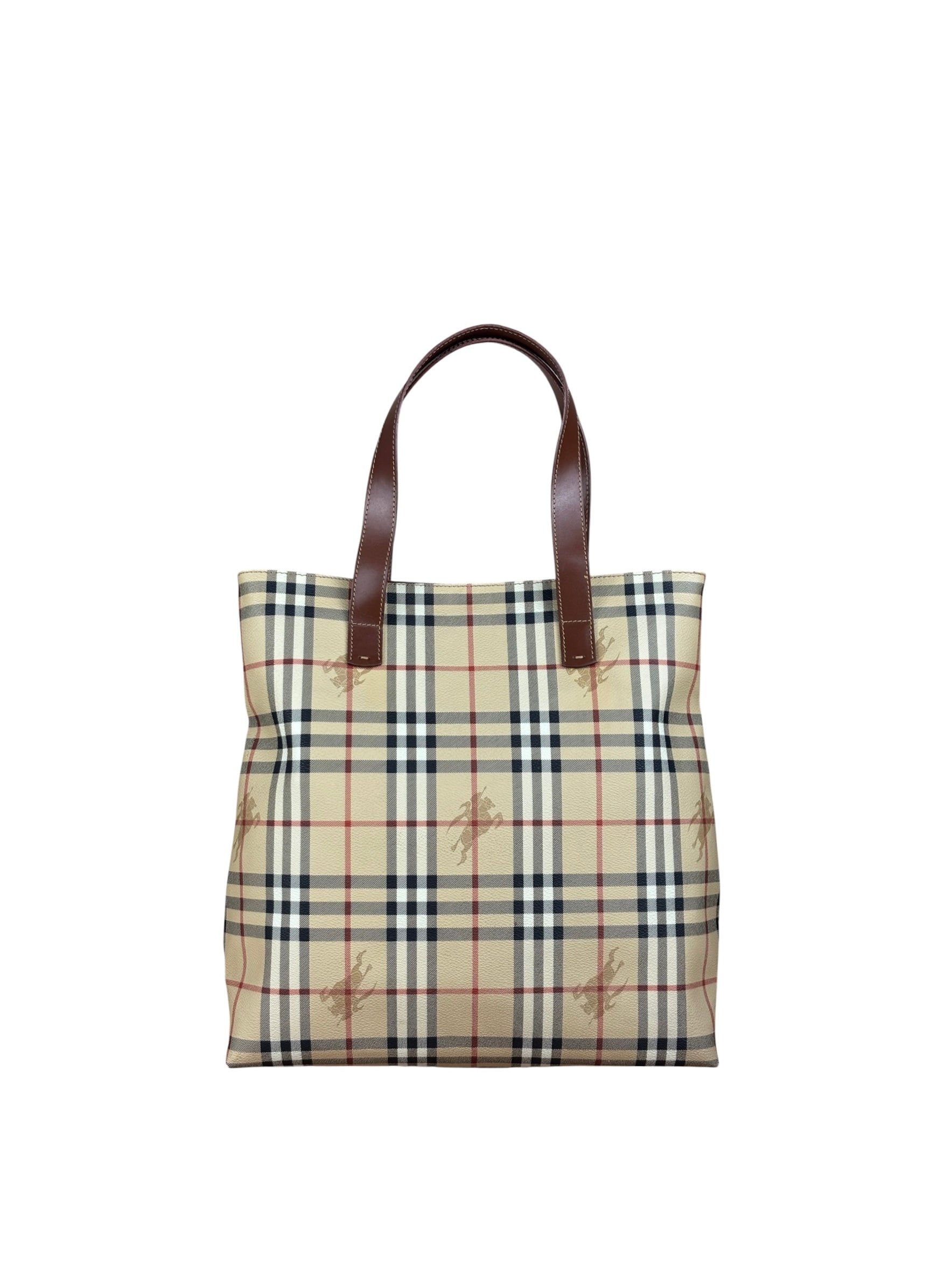 Burberry Vintage Brown Leather  Haymarket Canvas House Check Tote Bag